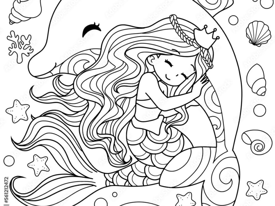 Mermaid And Dolphin Cartoon Coloring Book Page black And White Out Line Stock Vector Adobe Stock