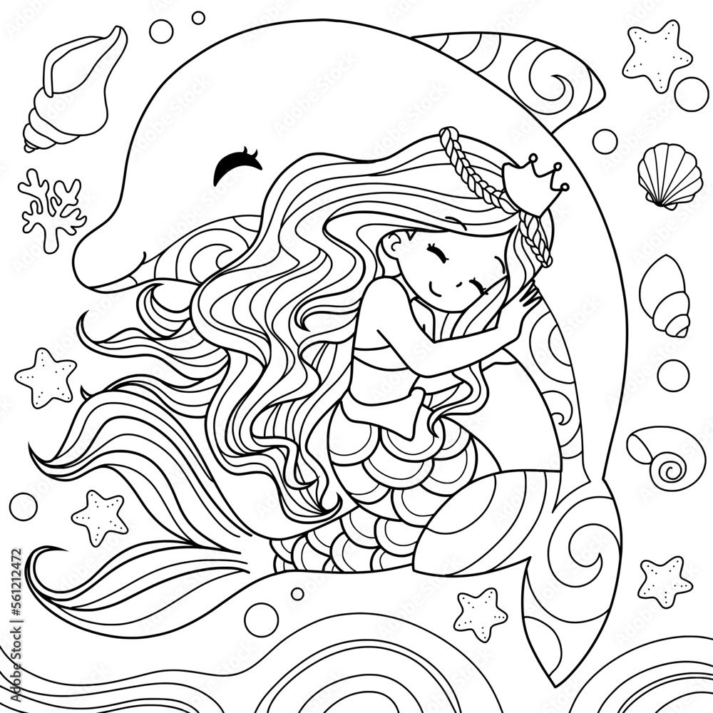 Mermaid And Dolphin Cartoon Coloring Book Page black And White Out Line Stock Vector Adobe Stock