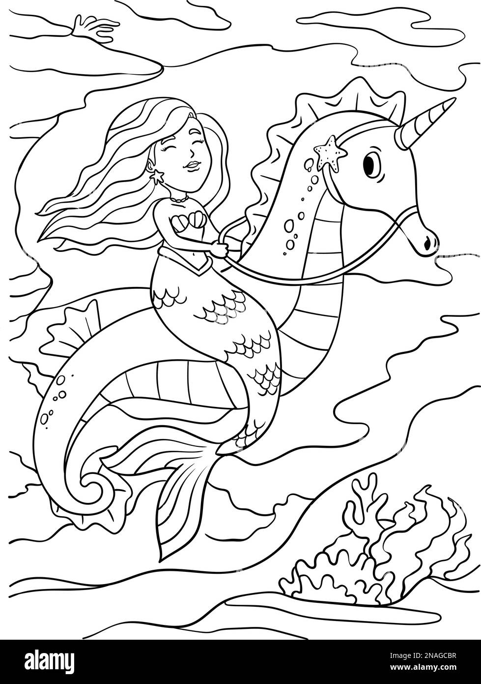 Mermaid Riding Sea Horse Coloring Page For Kids Stock Vector Image Art Alamy
