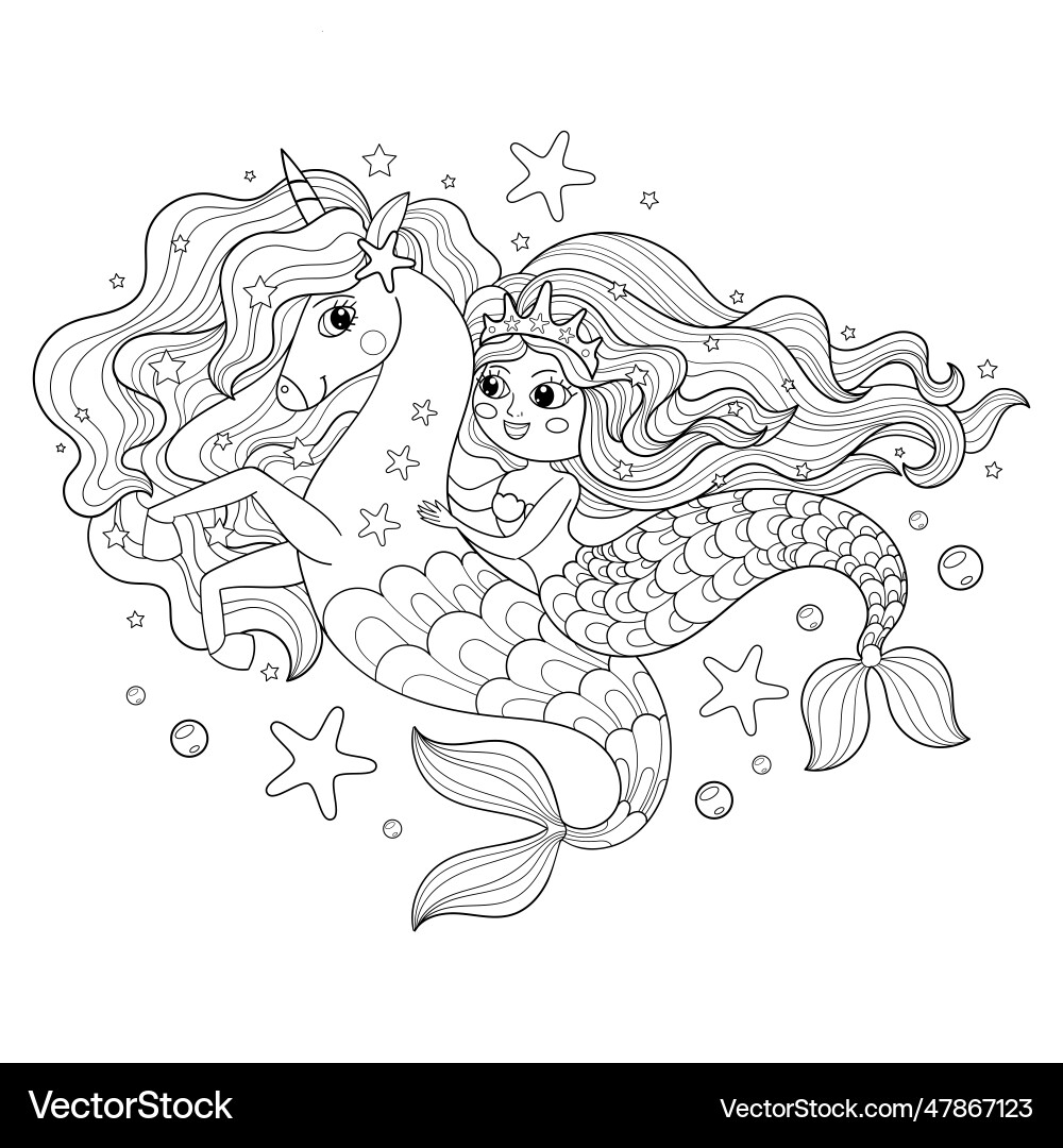 Mermaid Unicorn Seahorse Coloring Page Royalty Free Vector