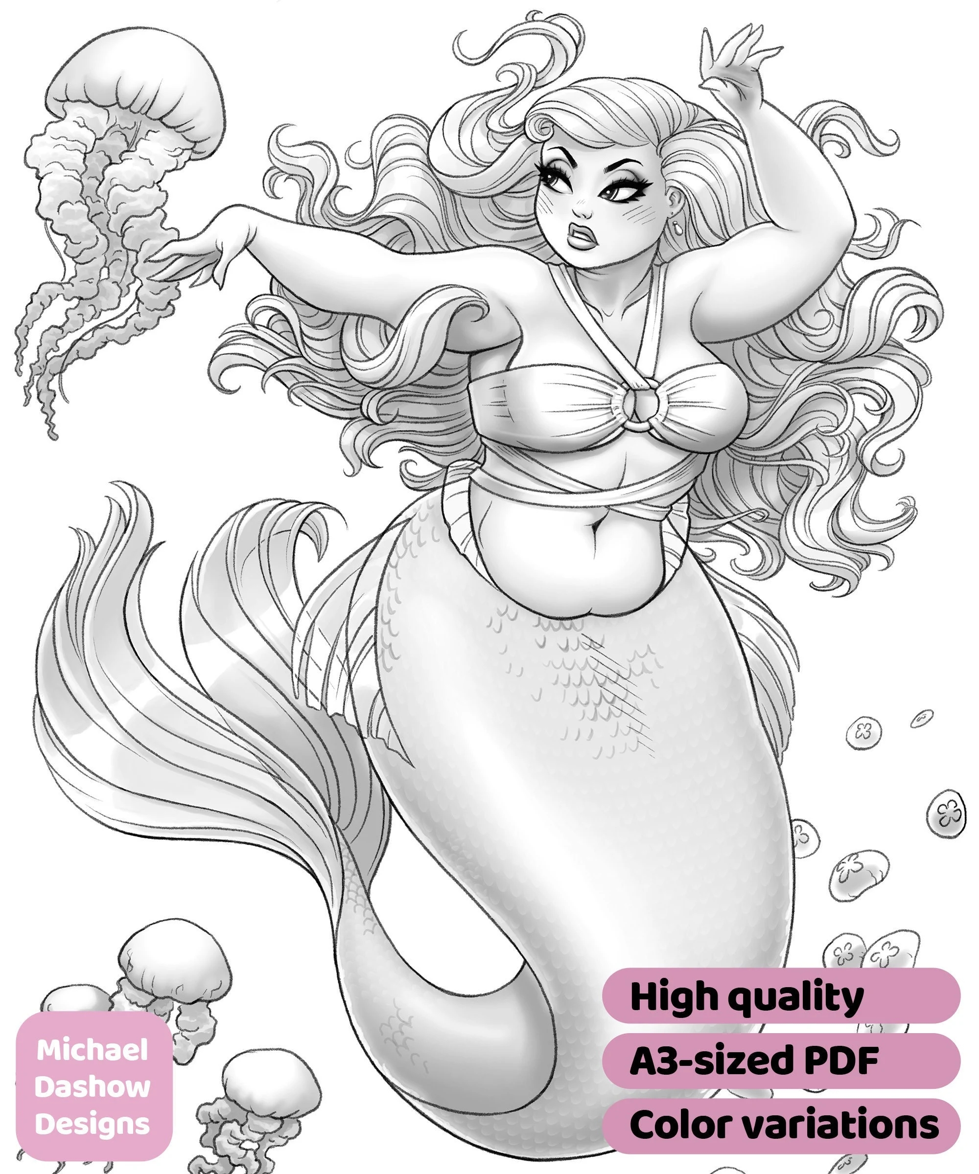 Mermaid With Jellyfish Printable Adult Coloring Page Instant Download Etsy