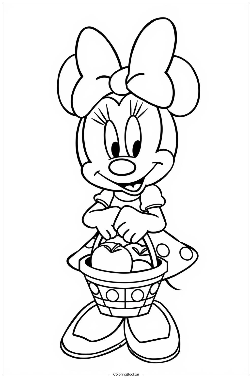 Minnie Mouse Holding A Basket Of Apples Coloring Page Free PDF PNG Printable 