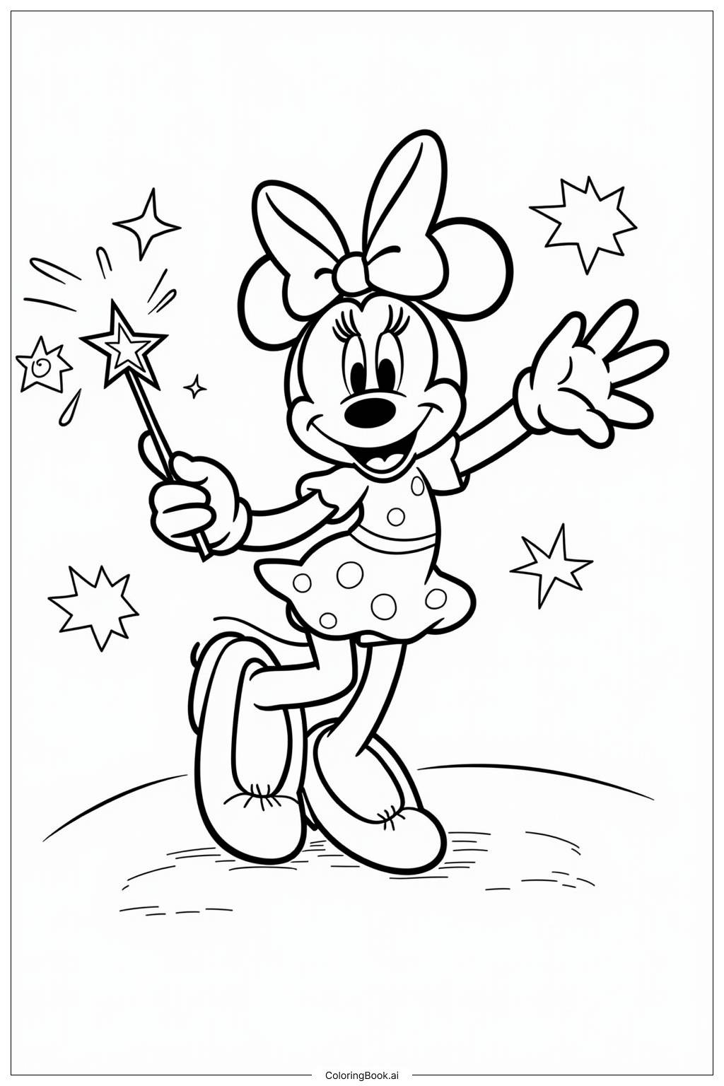 Minnie Mouse Waving A Magic Wand Coloring Page Free PDF PNG Printable 