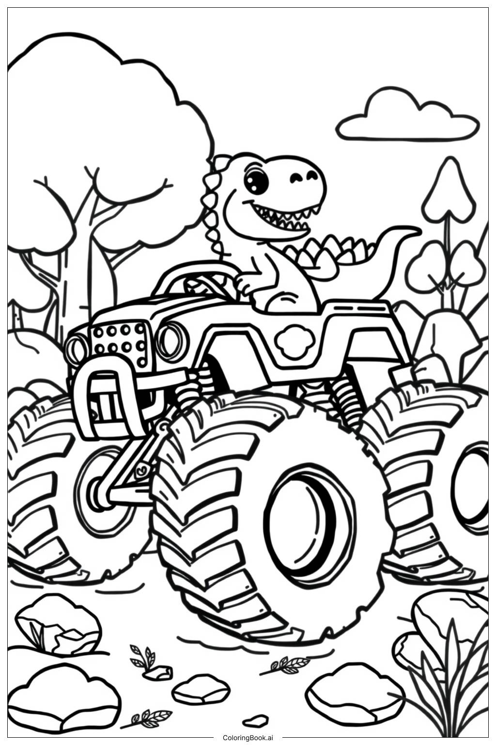 Monster Truck Dinosaur Action Coloring Page Free PDF PNG Printable 