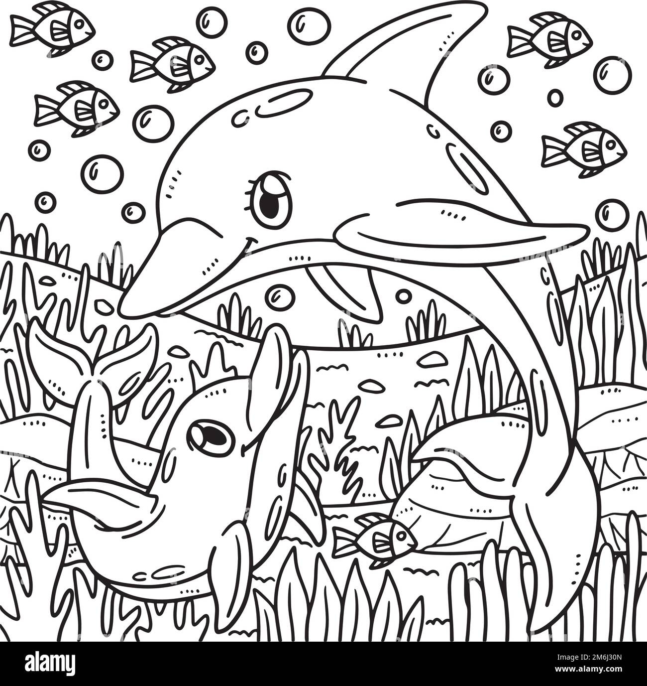 Mother Dolphin And Baby Dolphin Coloring Page Stock Vector Image Art Alamy