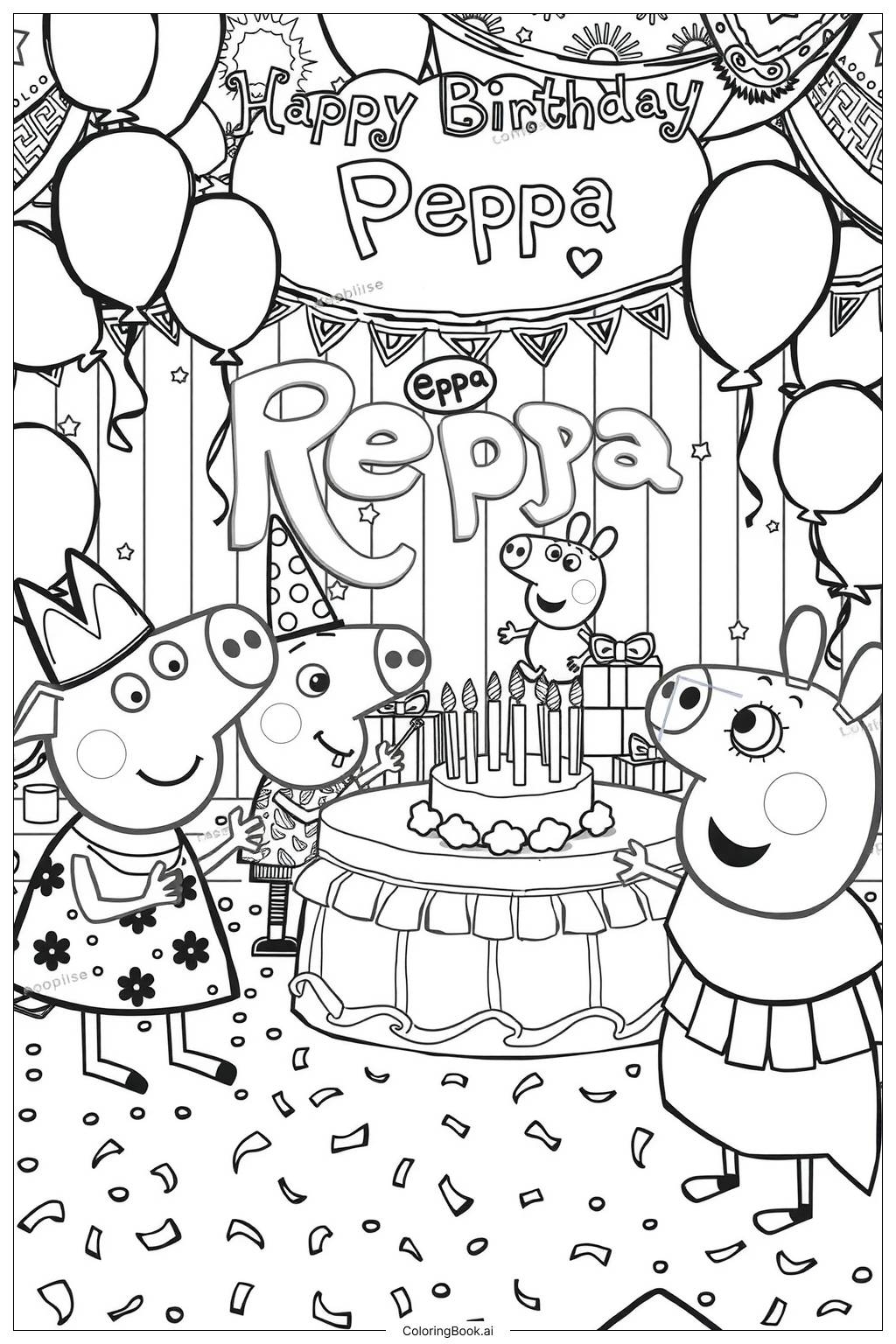 Peppa Pig Celebrating Her Birthday With Friends Coloring Page Free PDF PNG Printable 