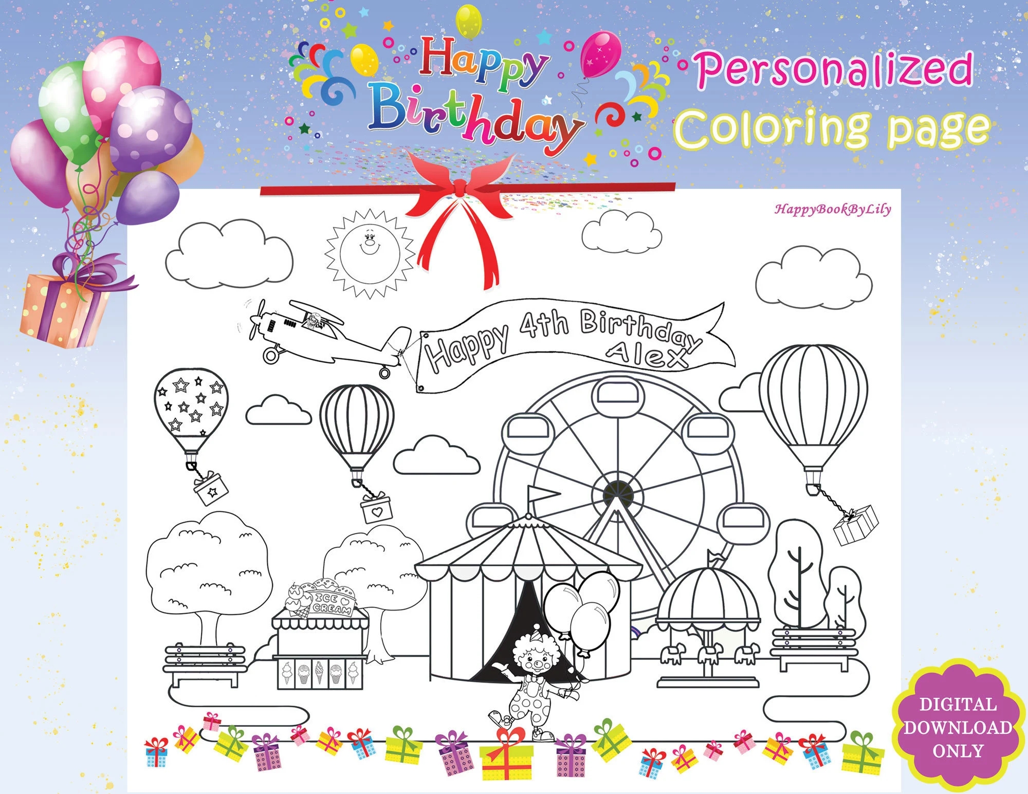 Personalized Happy Birthday Printable Coloring Page Instant Digital Download PDF Etsy