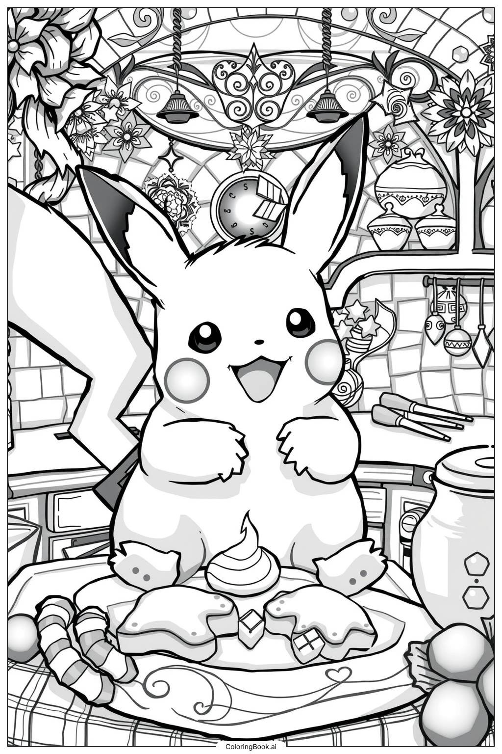Pikachu Cooking Christmas Cookies Coloring Page Free PDF PNG Printable 