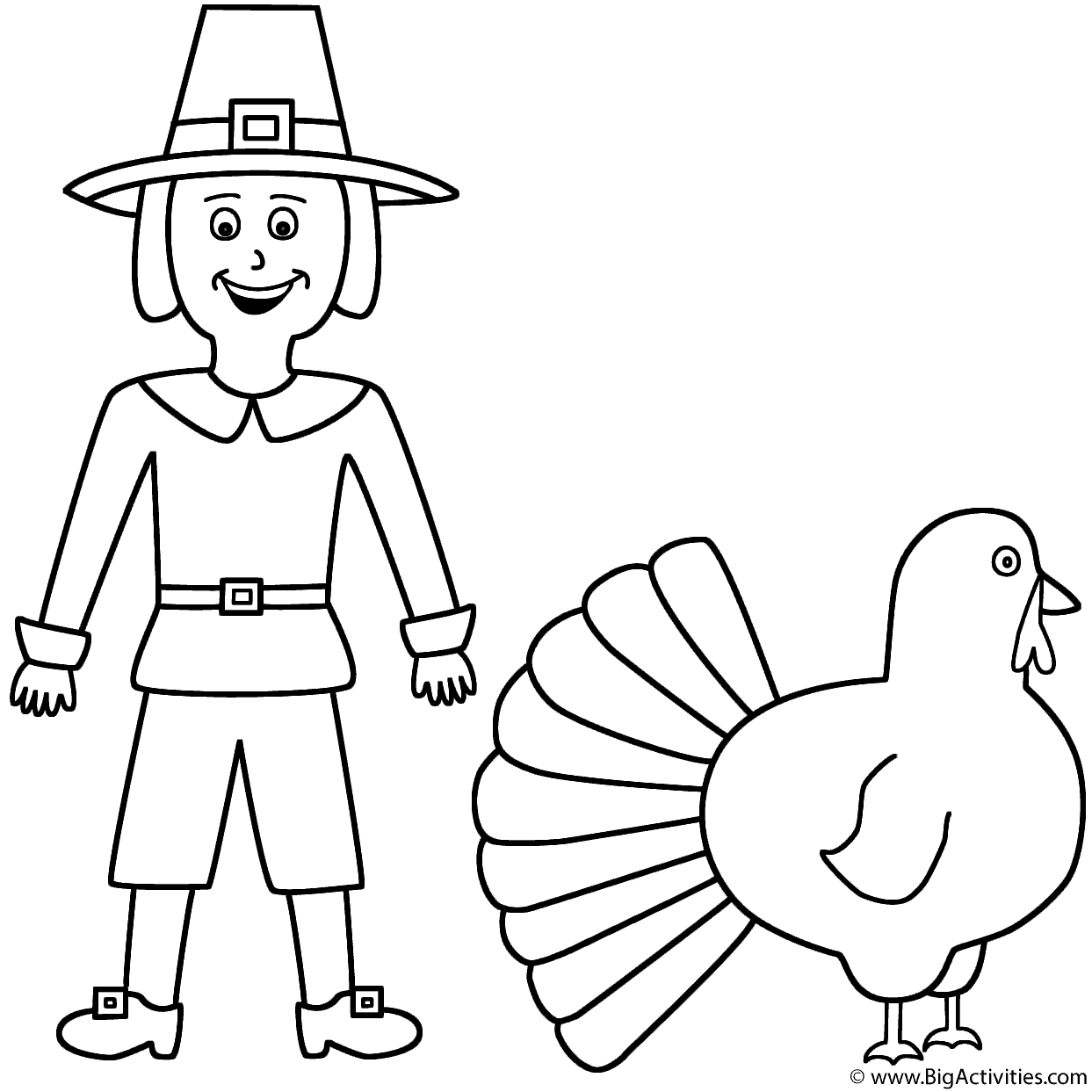 Pilgrim With Turkey Coloring Page Thanksgiving 