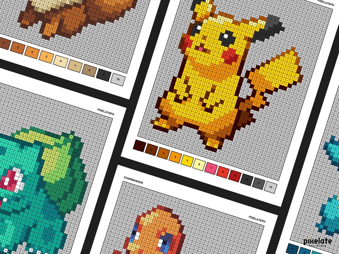 Pok mon Printable Coloring Pages Sheets Book Pikachu Bulbasaur Charmander Squirtle Eevee Color by number Pixel Art Etsy