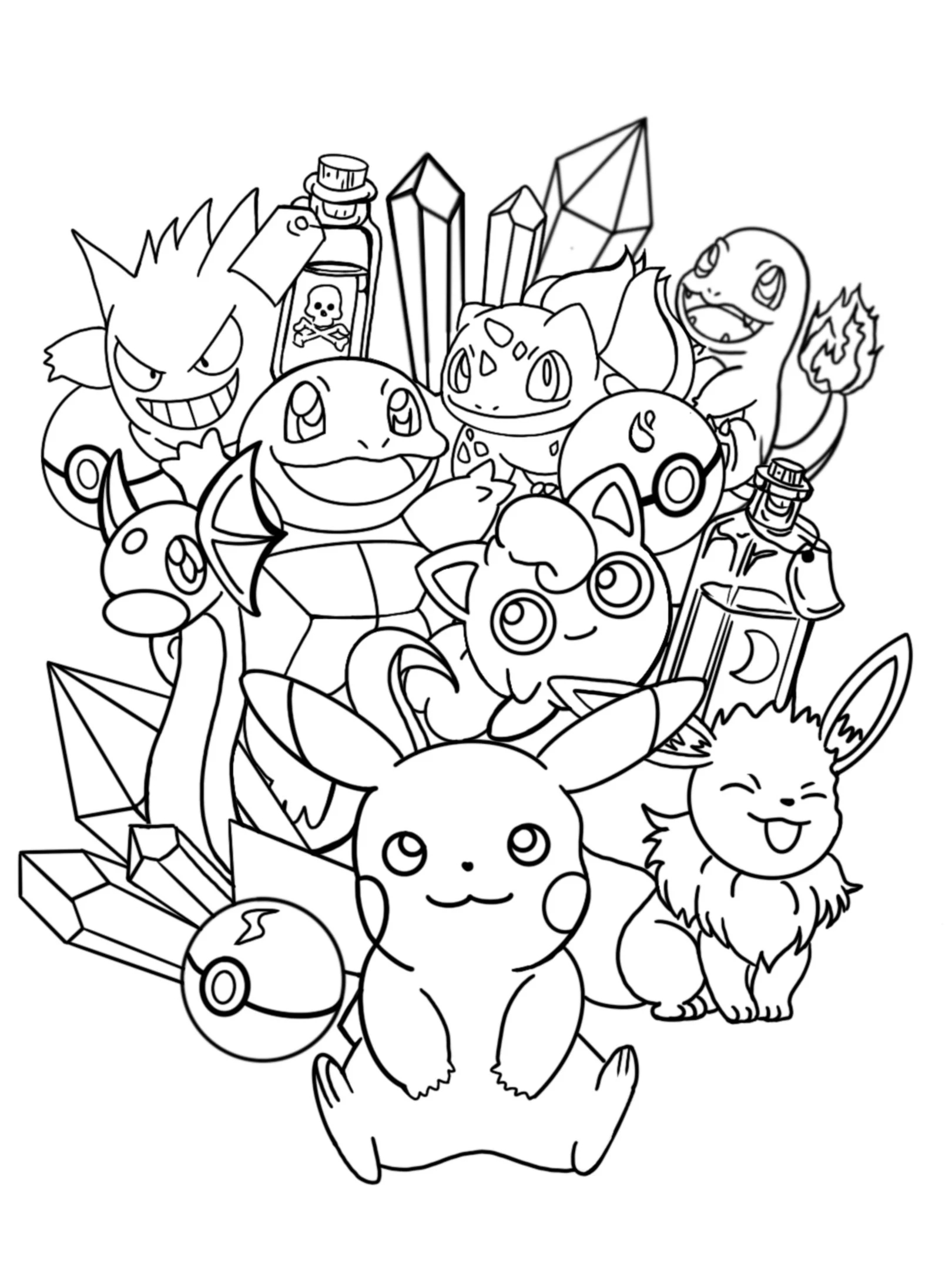 Pokemon Coloring Page Feat Pikachu And Friends With Crystals And Potions Etsy