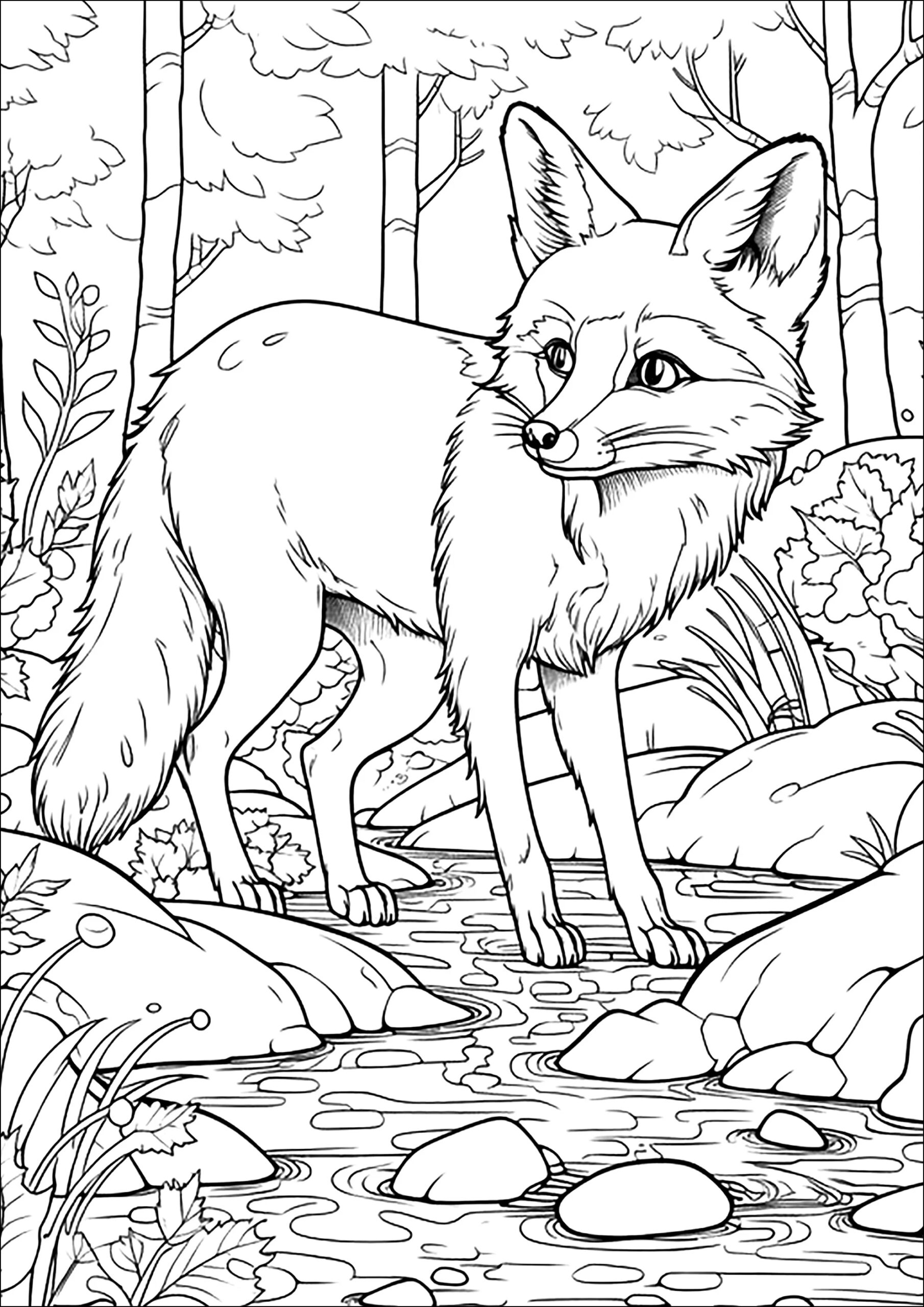 Pretty Fox In The Forest Fox Coloring Pages For Adults
