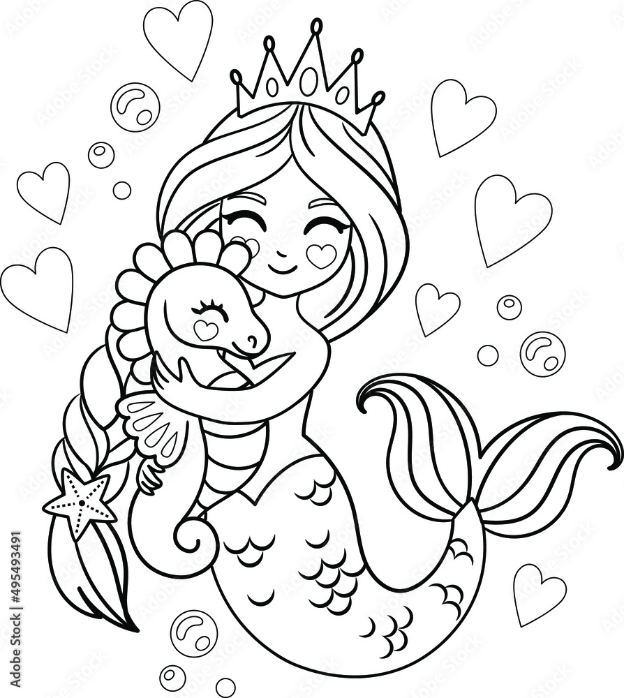 Princess Mermaid Hugs A Seahorse Vector Illustration For Coloring Book Stock Vector Adobe Stock