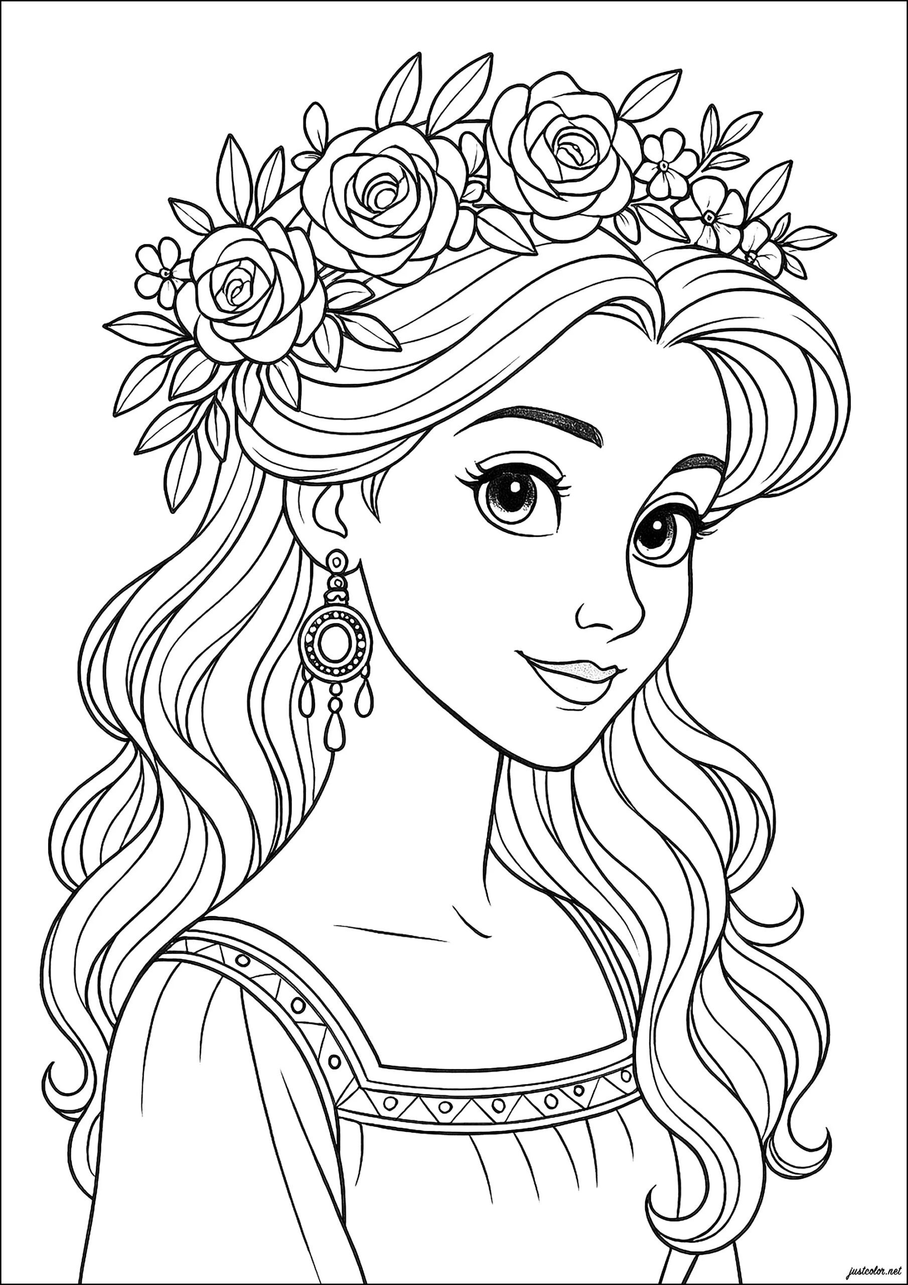 Princess With Roses In Her Hair Princess Coloring Pages