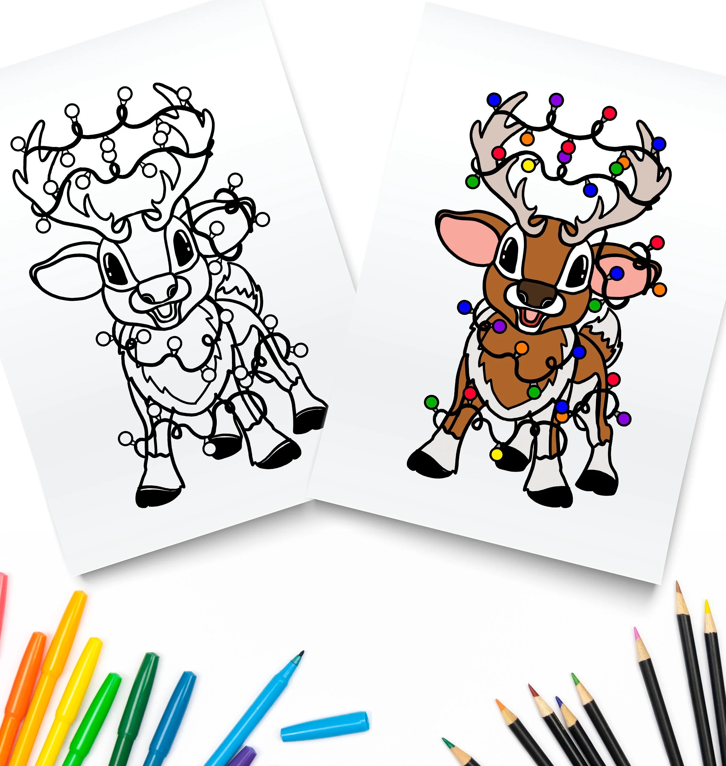 Printable Cute Baby Reindeer Christmas Lights Santa Deer Rudolph Digital Download Christmas Coloring Page Etsy