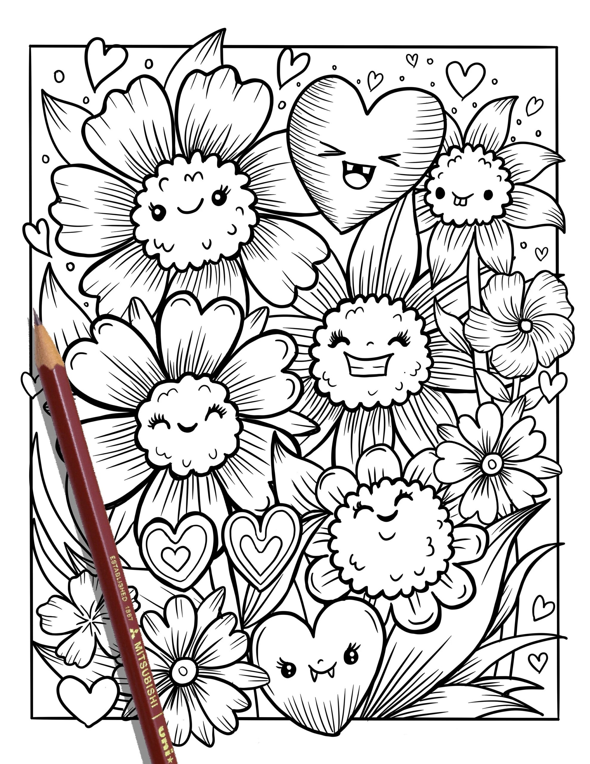 PRINTABLE Cute Flowers Coloring Page Hand drawn Coloring Sheet Flowers Doodles Coloring Page Kids Coloring Page Adult Coloring Etsy