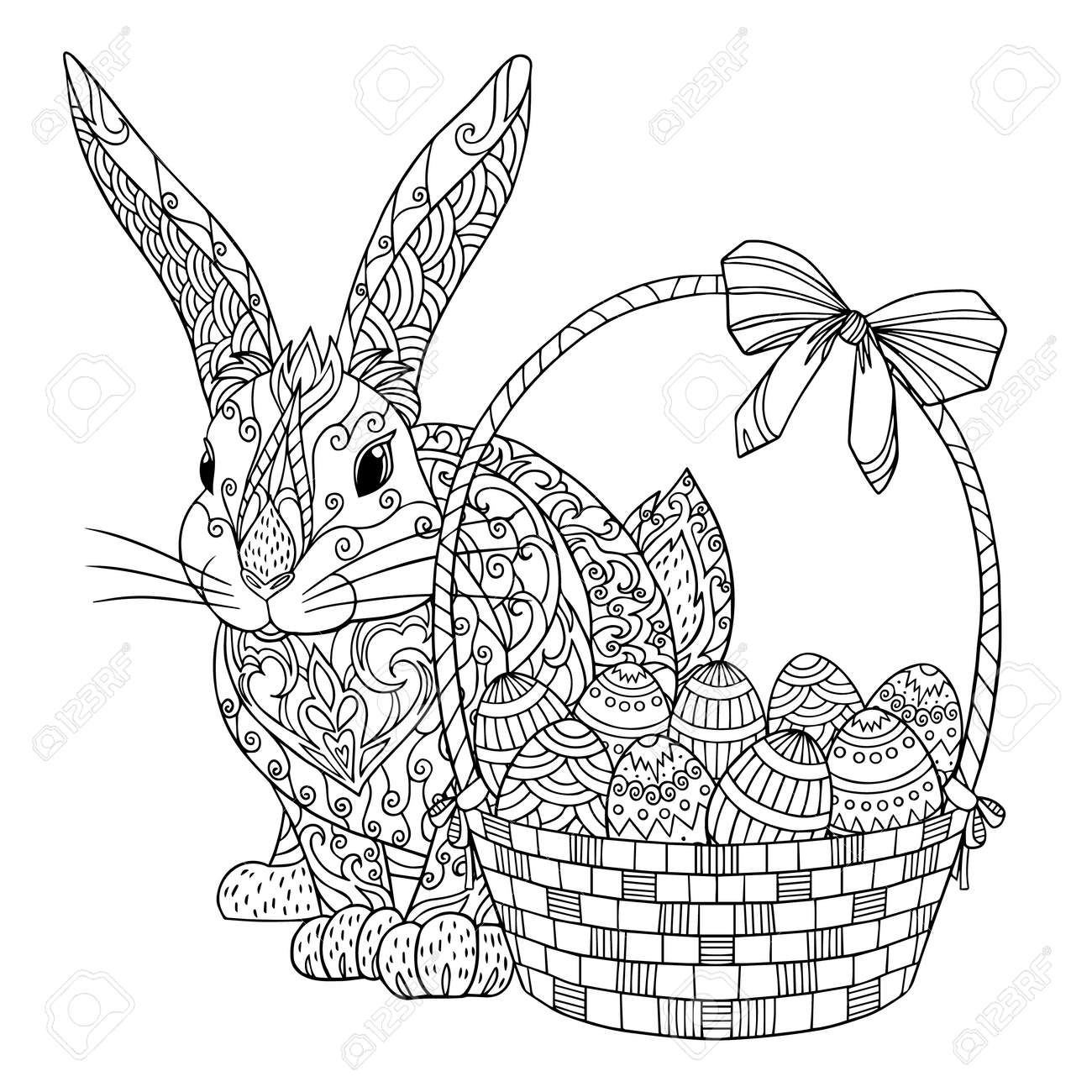 Rabbit With Basket And Easter Eggs Coloring Page Vector Illustration Of Spring Bunny Coloring Book For Adults With Doodle Elements Royalty Free SVG Cliparts Vectors And Stock Illustration Image 167216166 