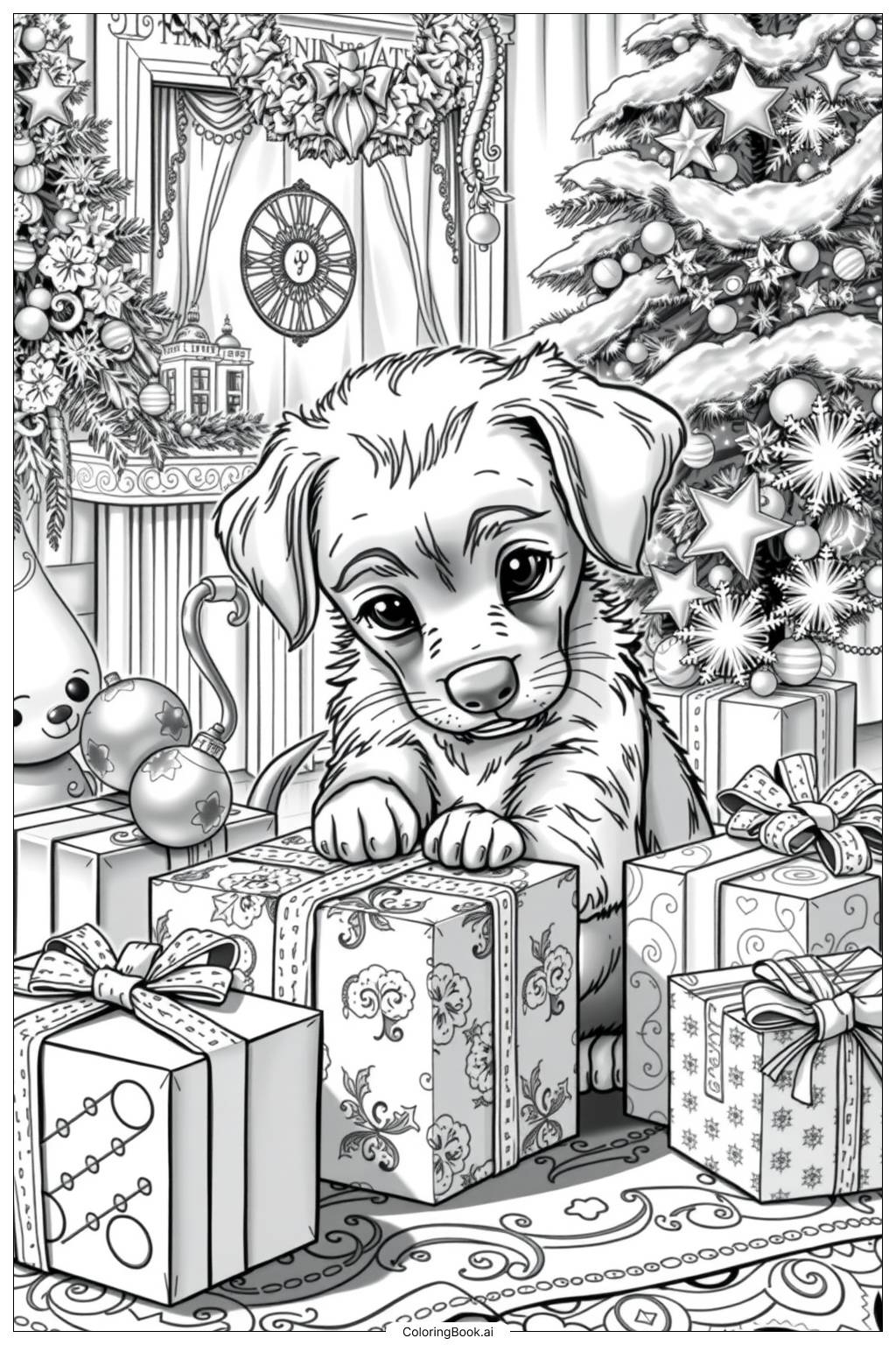 Realistic Christmas Puppy With Gifts Coloring Page Free PDF PNG Printable 