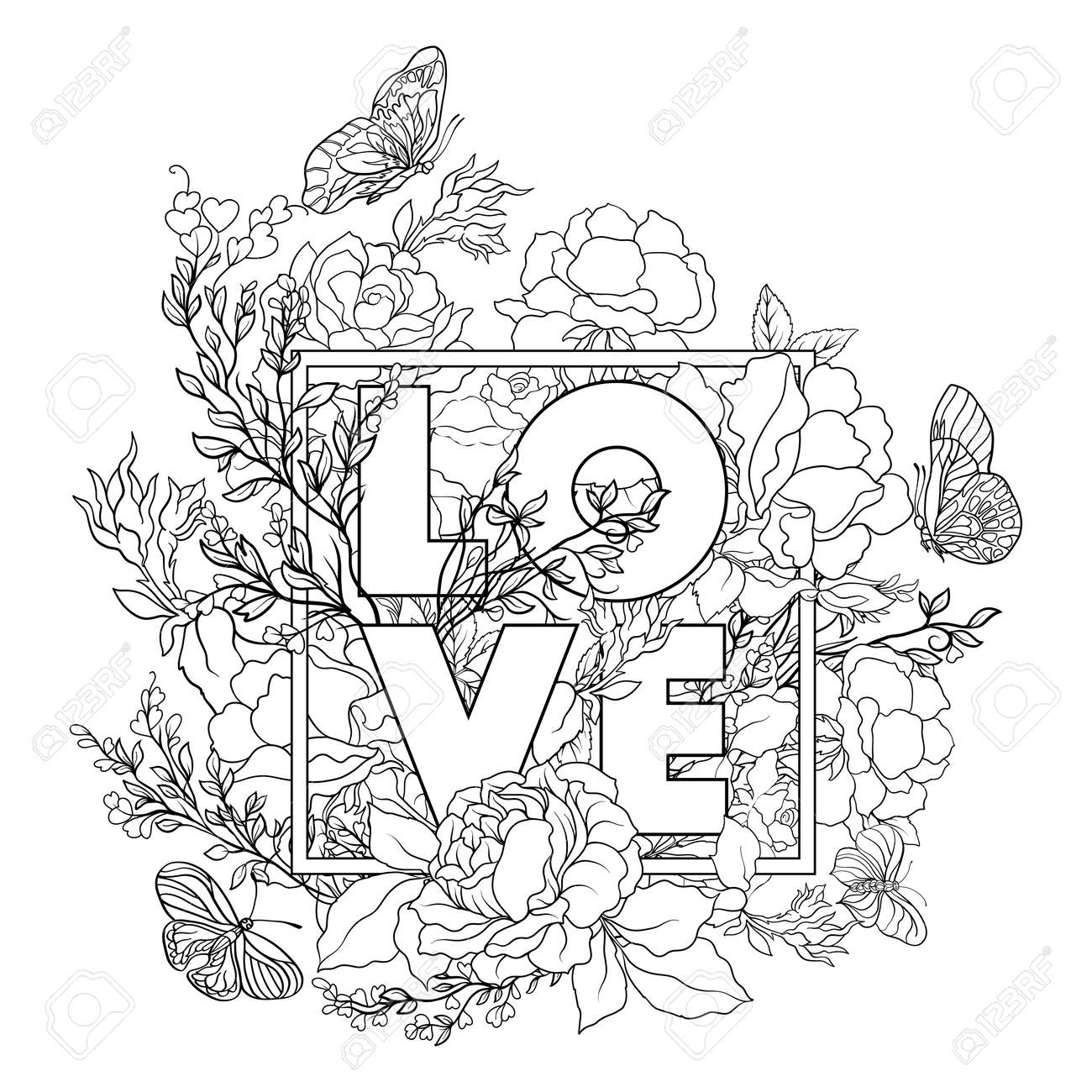 Rose Flower Background With Word Love Outline Drawing Coloring Page Coloring Book For Adult Royalty Free SVG Cliparts Vectors And Stock Illustration Image 68060594 