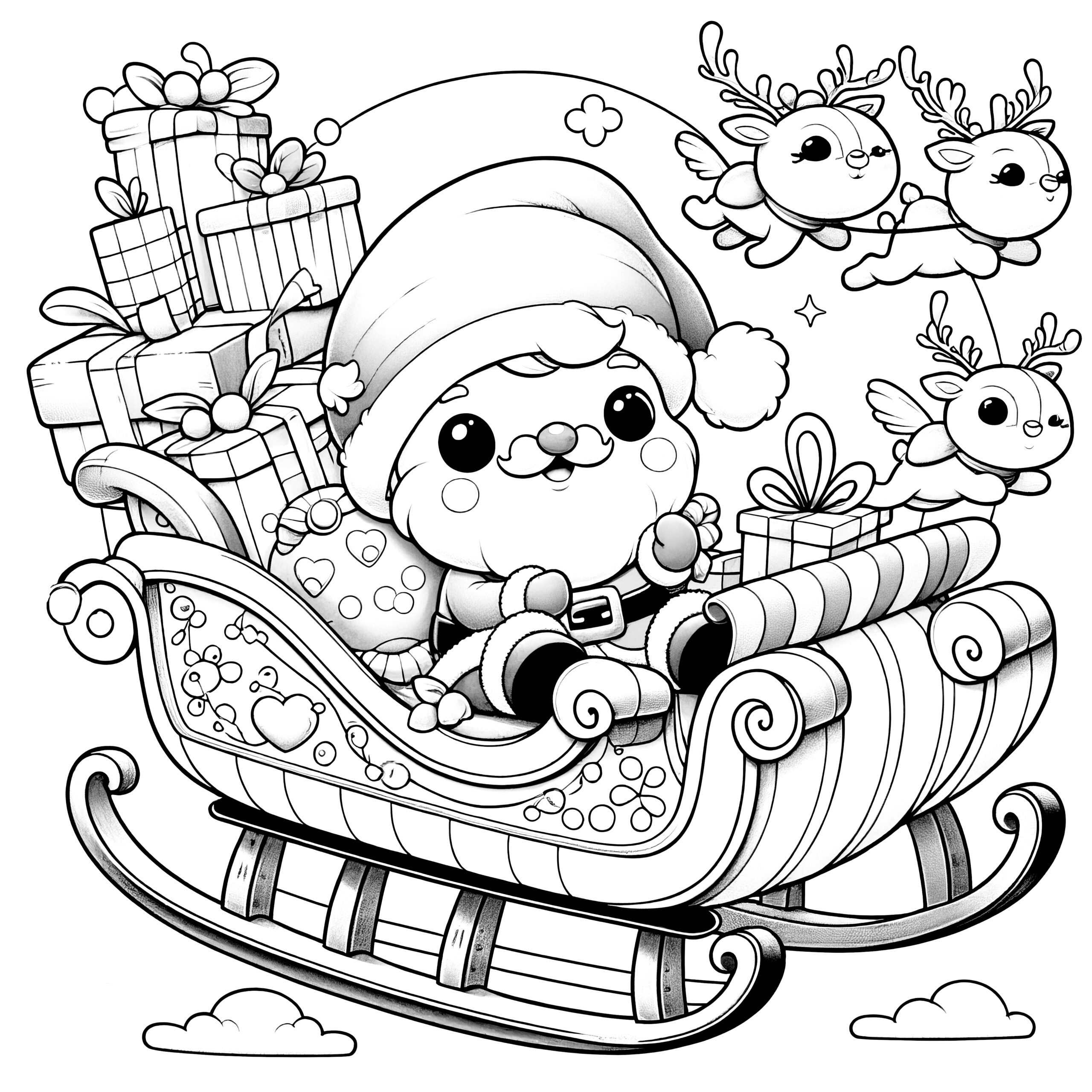 Santa Claus With Sleigh Reindeer Gifts Coloring Page