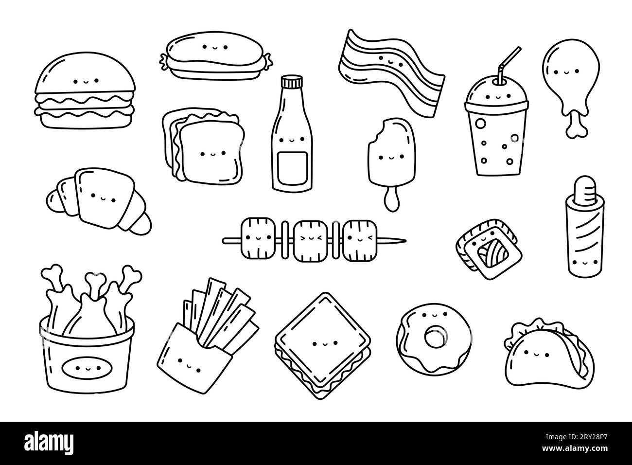 Set Kawaii Sticker Fast Food Coloring Page Collection Cute Kawaii Fast Food Illustrations Outline Stock Vector Image Art Alamy