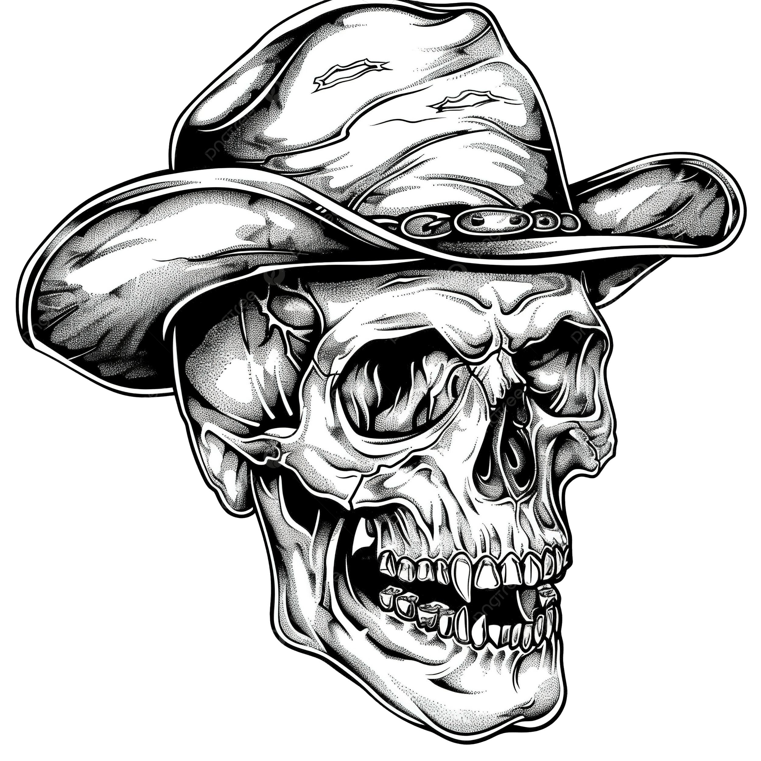 Skull With Cowboy Hat Black And White Line Art Mono Line Tattoo Tattoo Skull Drawing PNG Transparent Image And Clipart For Free Download