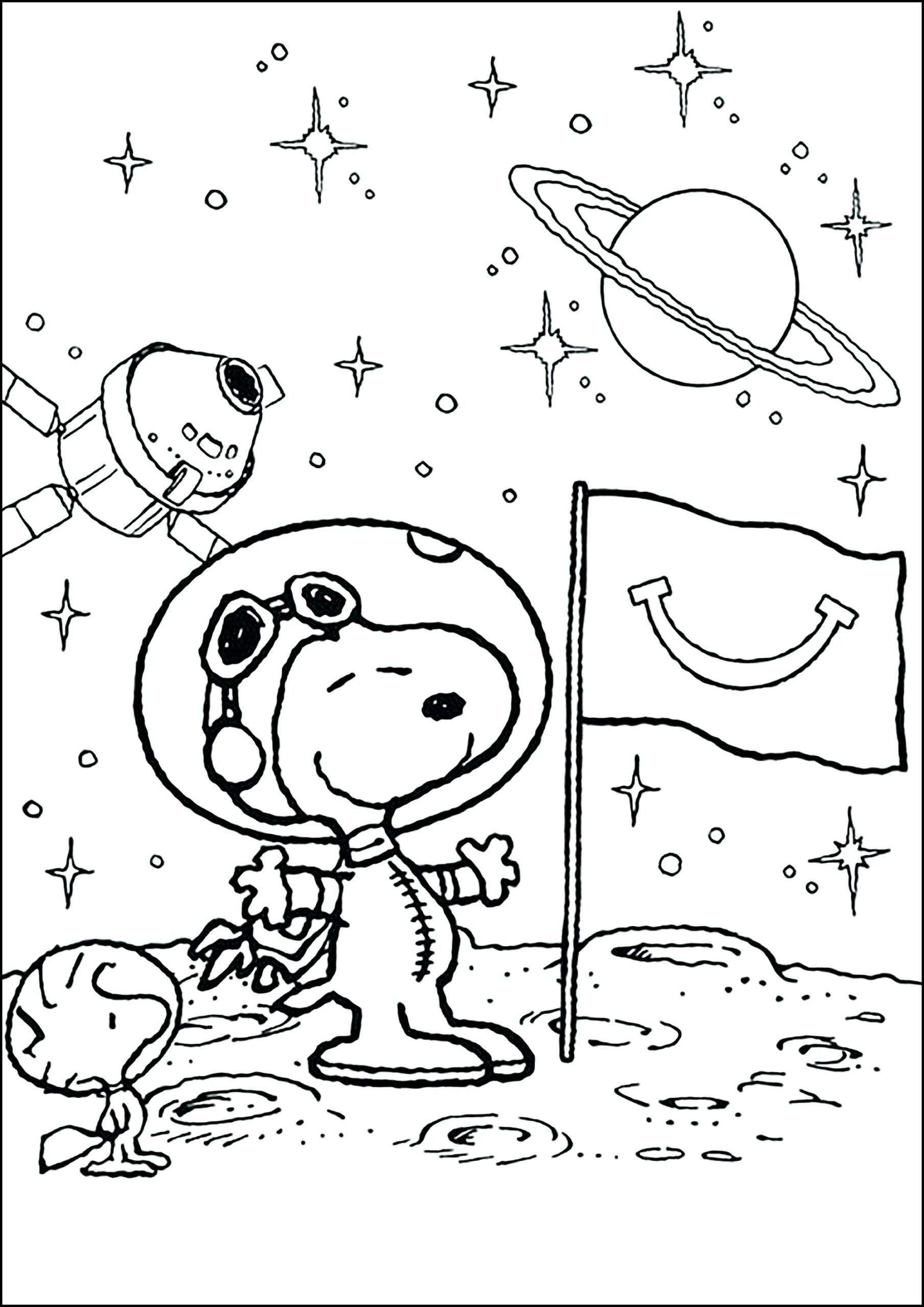 Snoopy The Astronaut Discovers The Moon With Woodstock Snoopy Coloring Pages