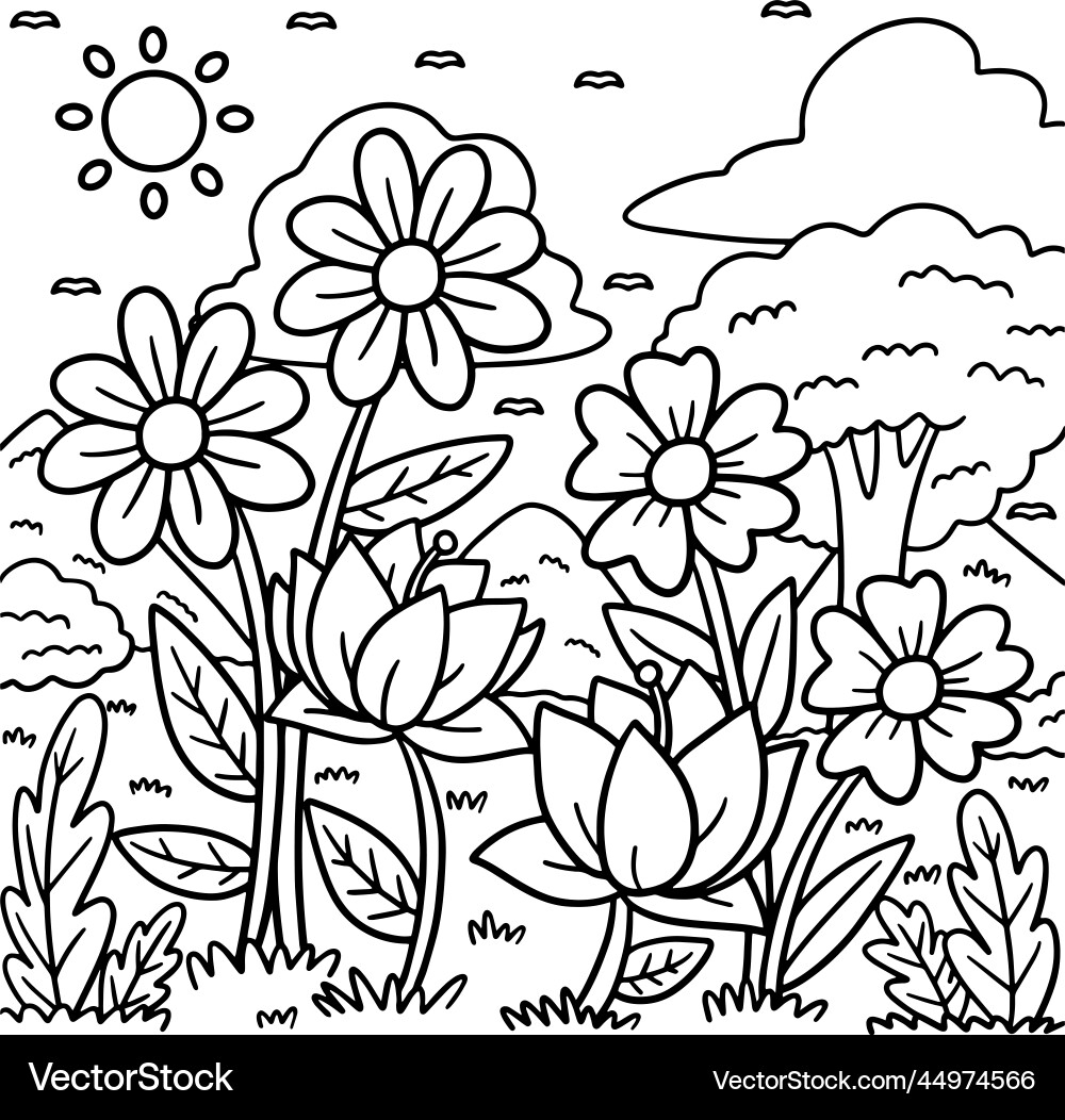 Spring Flowers Coloring Page For Kids Royalty Free Vector