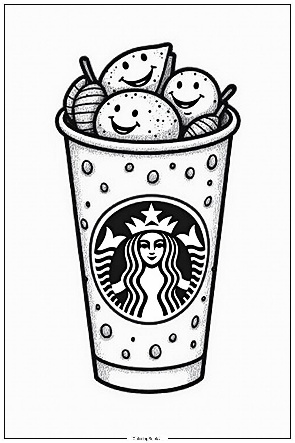 Starbucks Cup With Happy Food Faces Coloring Page Free PDF PNG Printable 