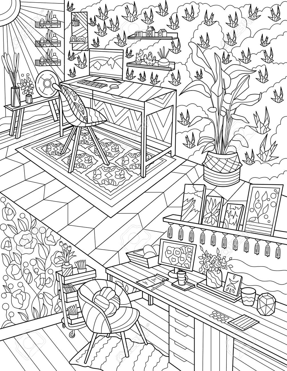 Study Room Line Drawing With Computer Carpet Desk Chair Plants Home Office With Laptop Screen Table Potted Plants Coloring Book Page Royalty Free SVG Cliparts Vectors And Stock Illustration Image 173270998 