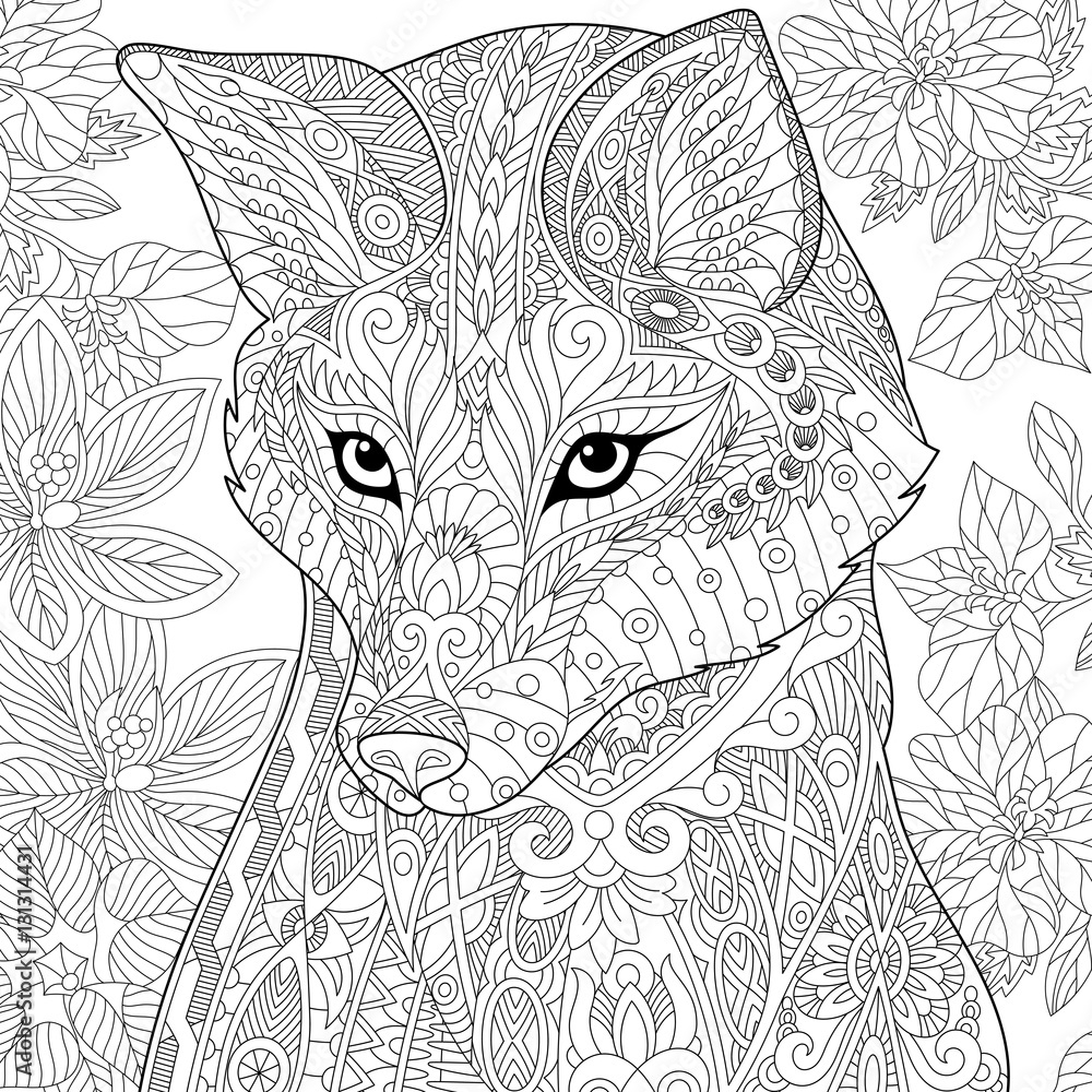 Stylized Cartoon Wild Fox Animal And Hibiscus Flowers Freehand Sketch For Adult Anti Stress Coloring Book Page With Doodle And Zentangle Elements Stock Vector Adobe Stock