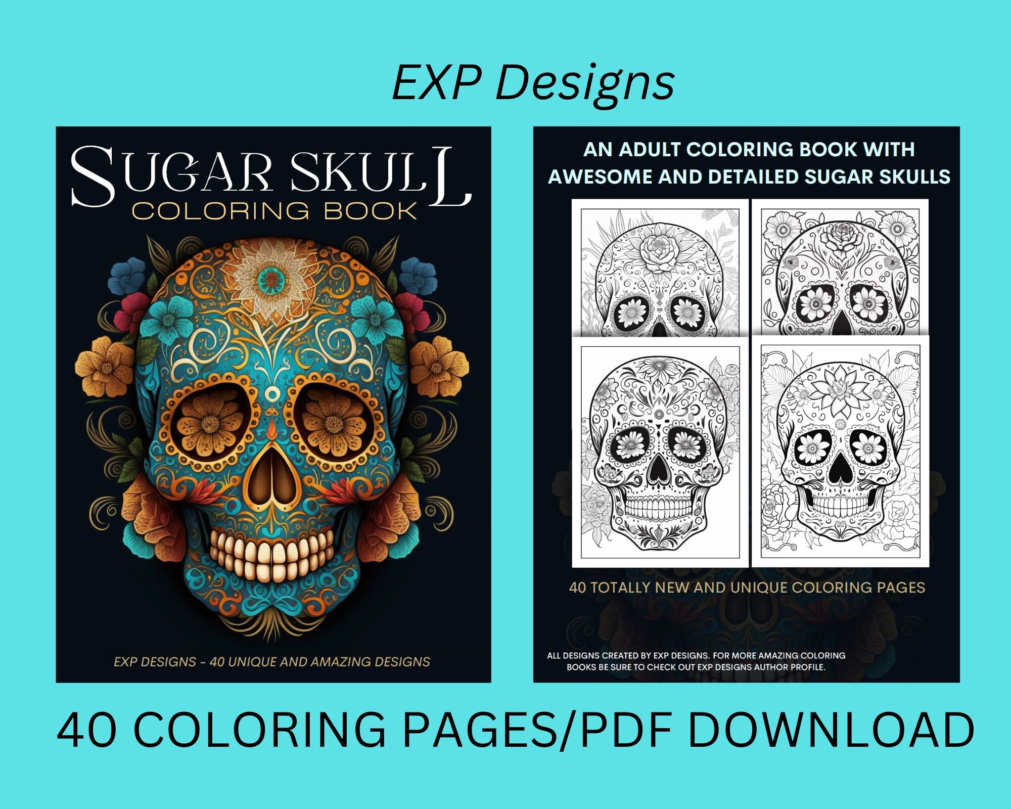 Sugar Skull Coloring Book 40 Unique And Amazing Designs With Fun Sugar Skull Designs Coloring Pages pdf Printable Download Etsy