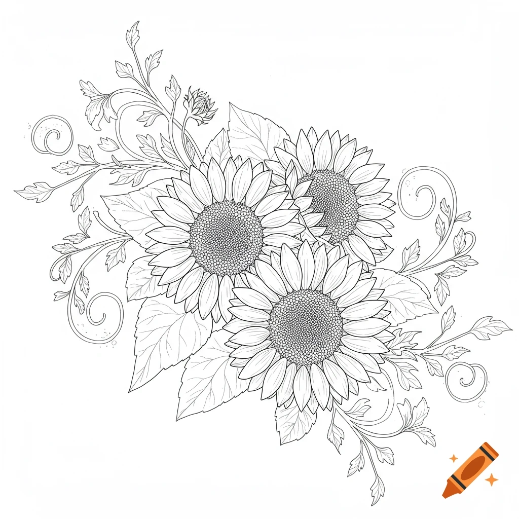 Sunflower Line Art With Vines And Leaves Created On Craiyon