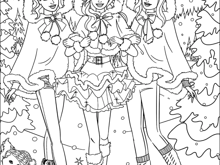 Three Dressed up Barbies Ready For Christmas Barbie Coloring Pages