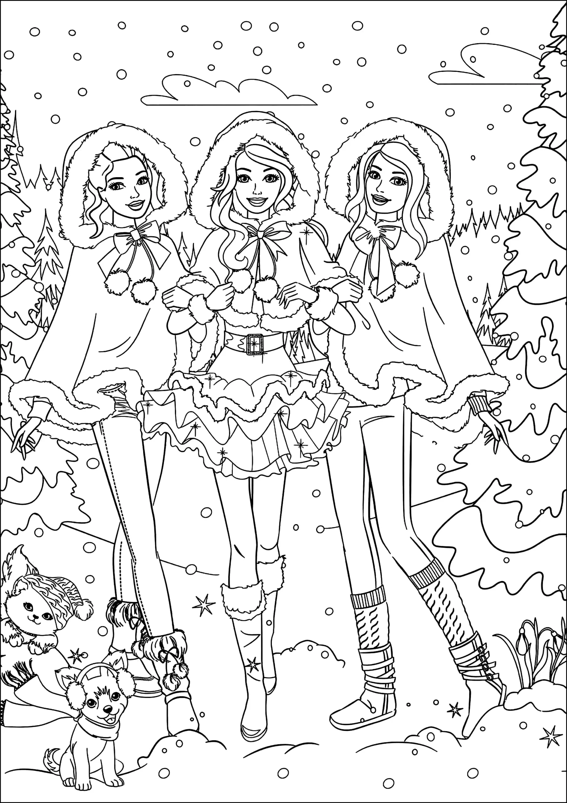 Three Dressed up Barbies Ready For Christmas Barbie Coloring Pages