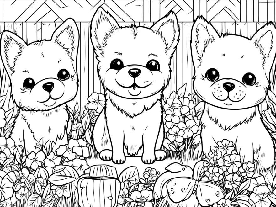 Three Little Dogs In A Flower Garden Dog Coloring Pages For Adults