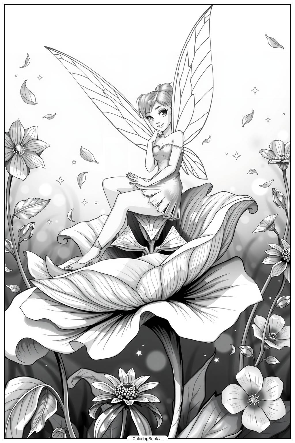 Tinkerbell Sitting On A Flower Coloring Page Free PDF PNG Printable 