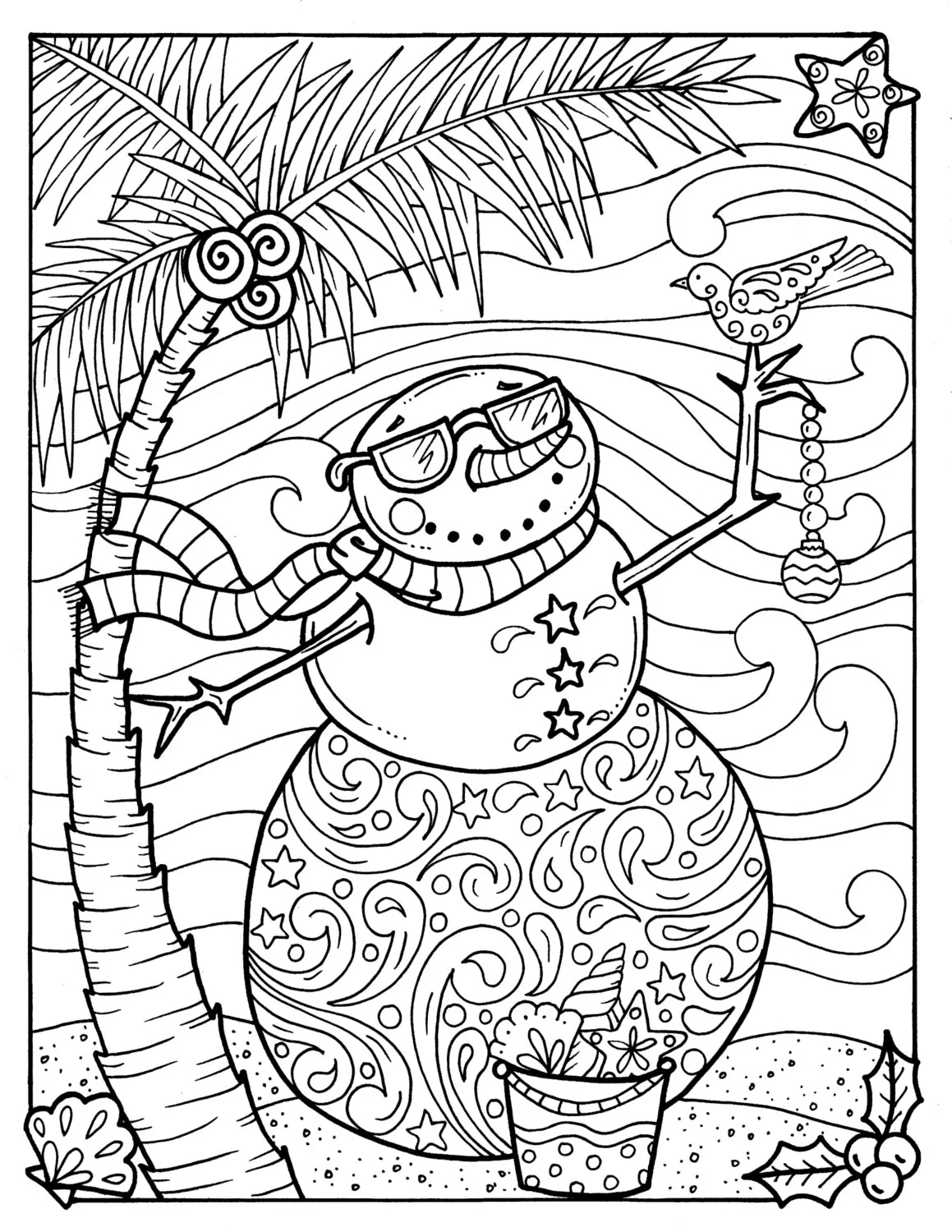 Tropical Snowman Coloring Page Adult Coloring Beach Holidays Coloring Books Etsy