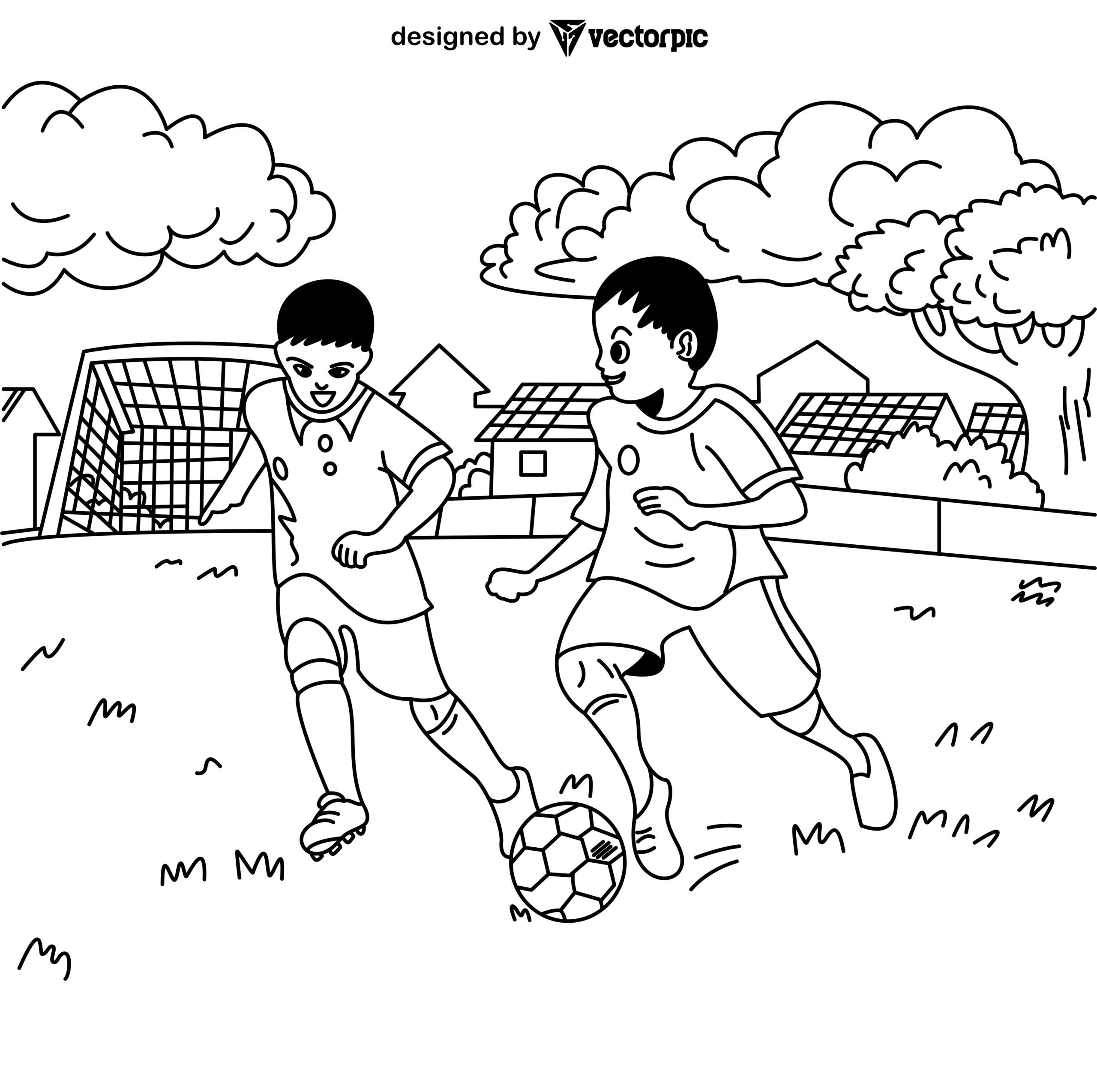 Two Boys Playing Football Coloring Pages For Kids Adults Design Free Vector