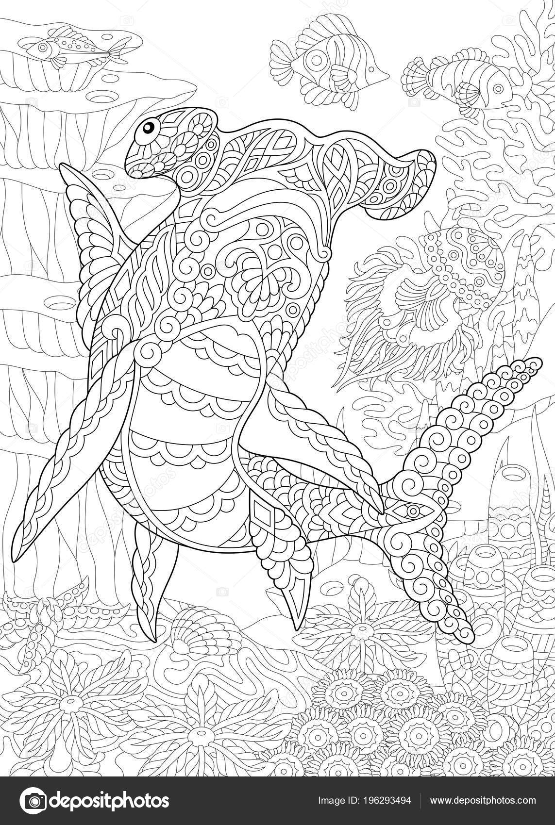 Underwater Background Hammer Head Shark Coloring Page Adult Coloring Book Stock Vector By Sybirko 196293494