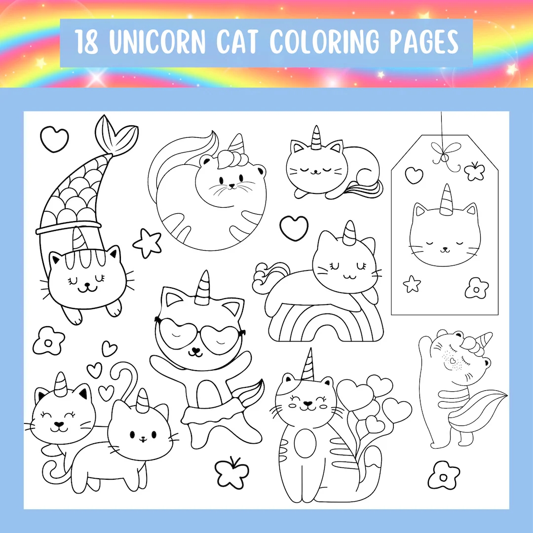 Unicorn Cat Coloring Pages 18 Cute Coloring Sheets For Kids Funny Cat Unicorn Coloring Book Girls Coloring Pages Digital Download Etsy