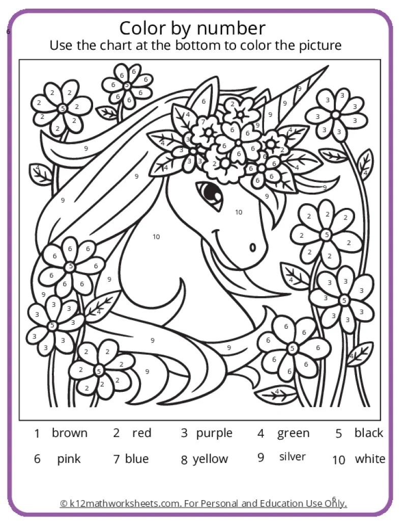 Unicorn Color By Number Pages K12 Math Worksheets