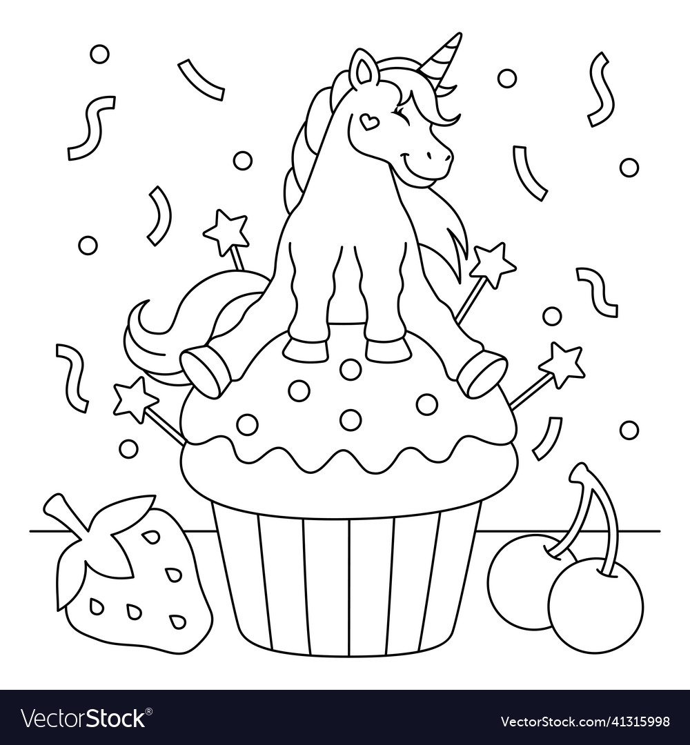 Unicorn Sitting On A Cupcake Coloring Page Vector Image