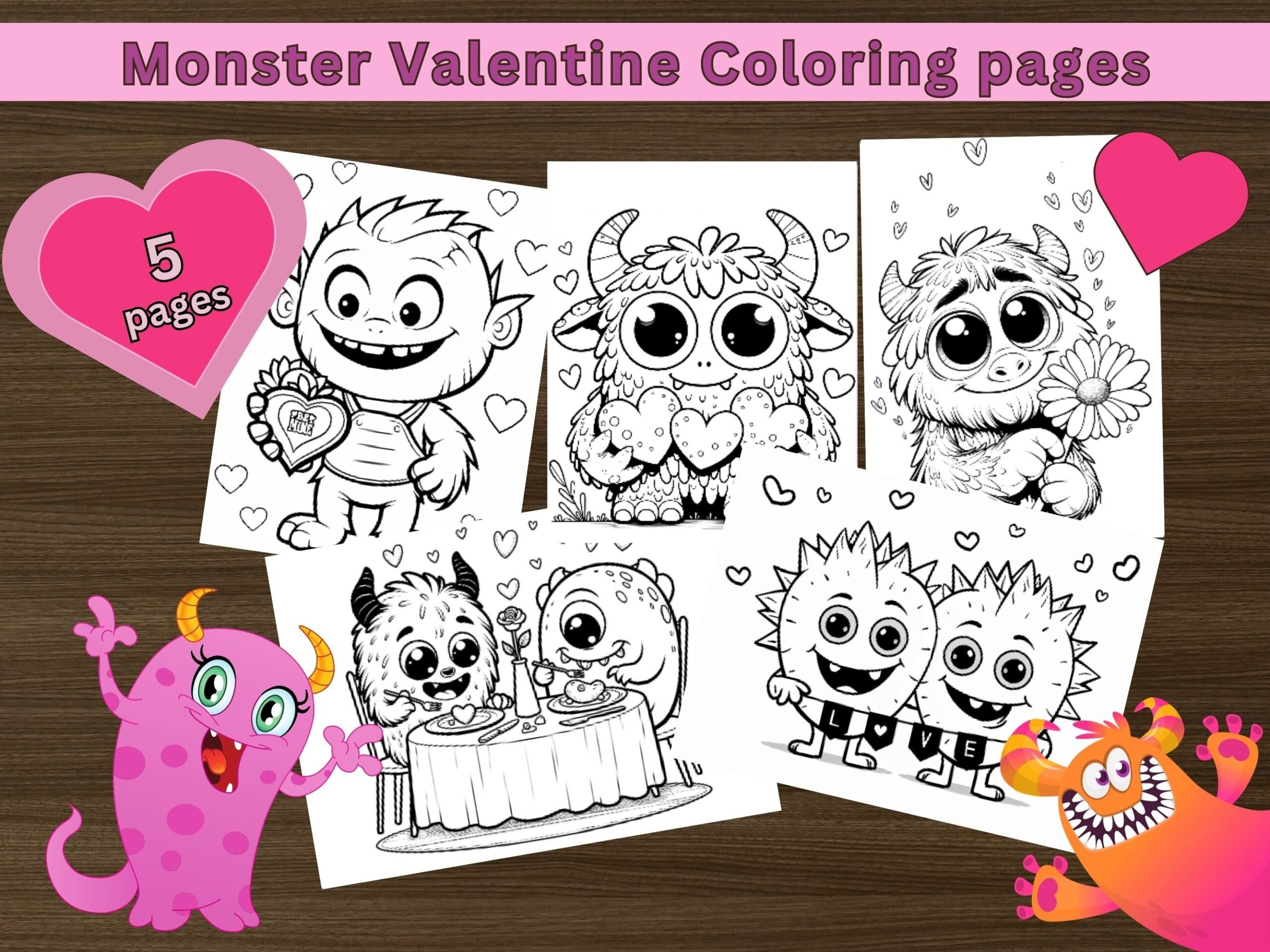 Valentine s Day Monster Mash V 2 5 page Coloring Bundle For Kids Families Etsy