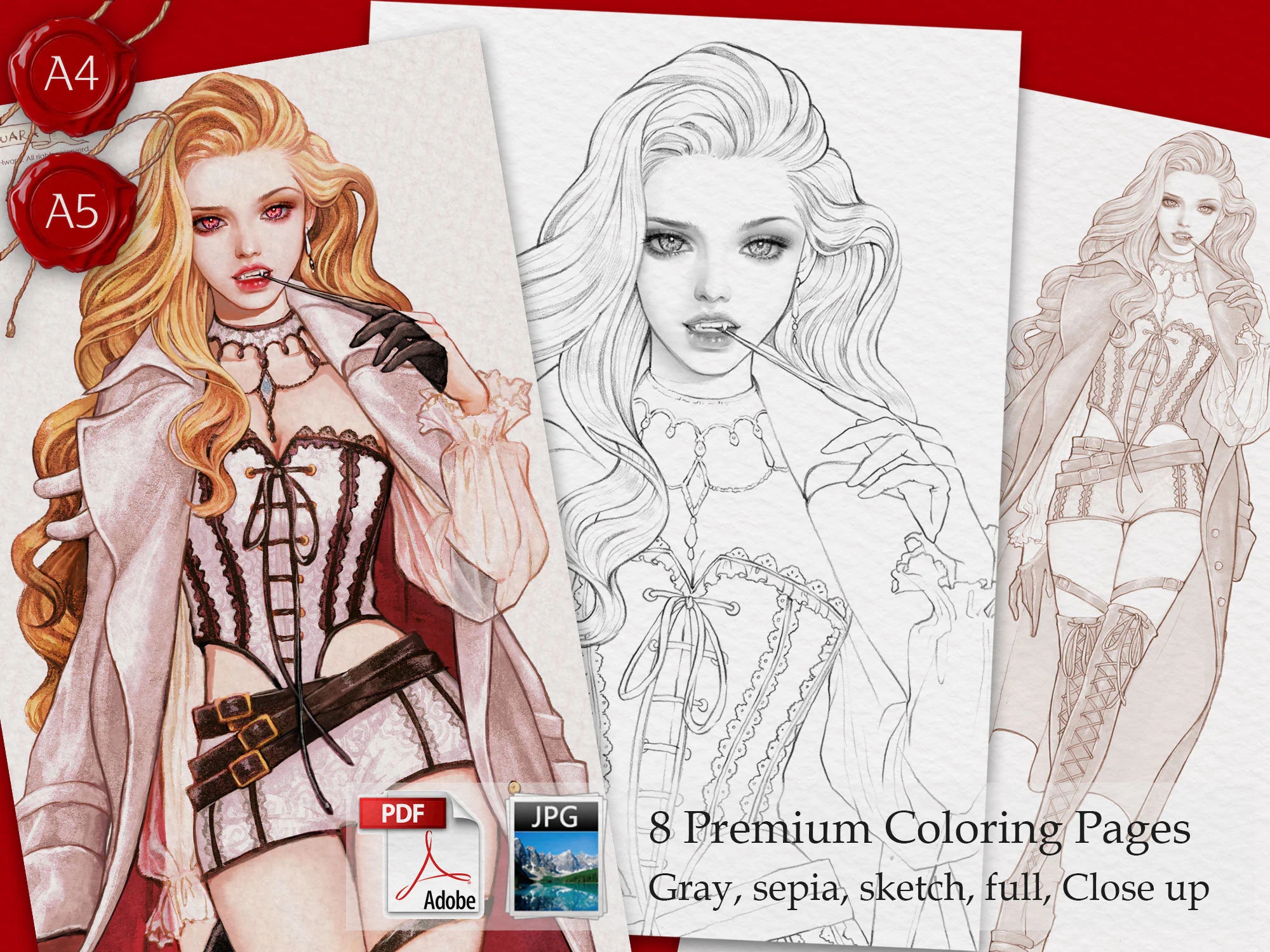 Valentine Vampire Coloring Page Coloring PDF For Adults Grayscale Coloring A4 A5 Beautiful Women Coloring Etsy