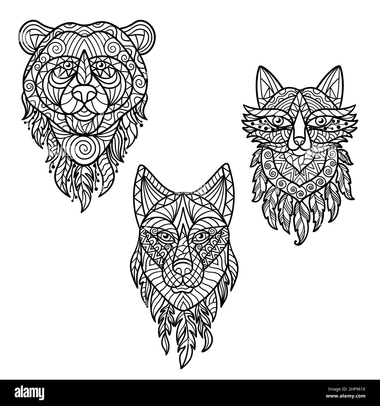 Vector Coloring Page With A Set Of Abstract Forest Animals Bear Wolf Fox With Patterns In Ethnic Style Zen Art Stock Vector Image Art Alamy