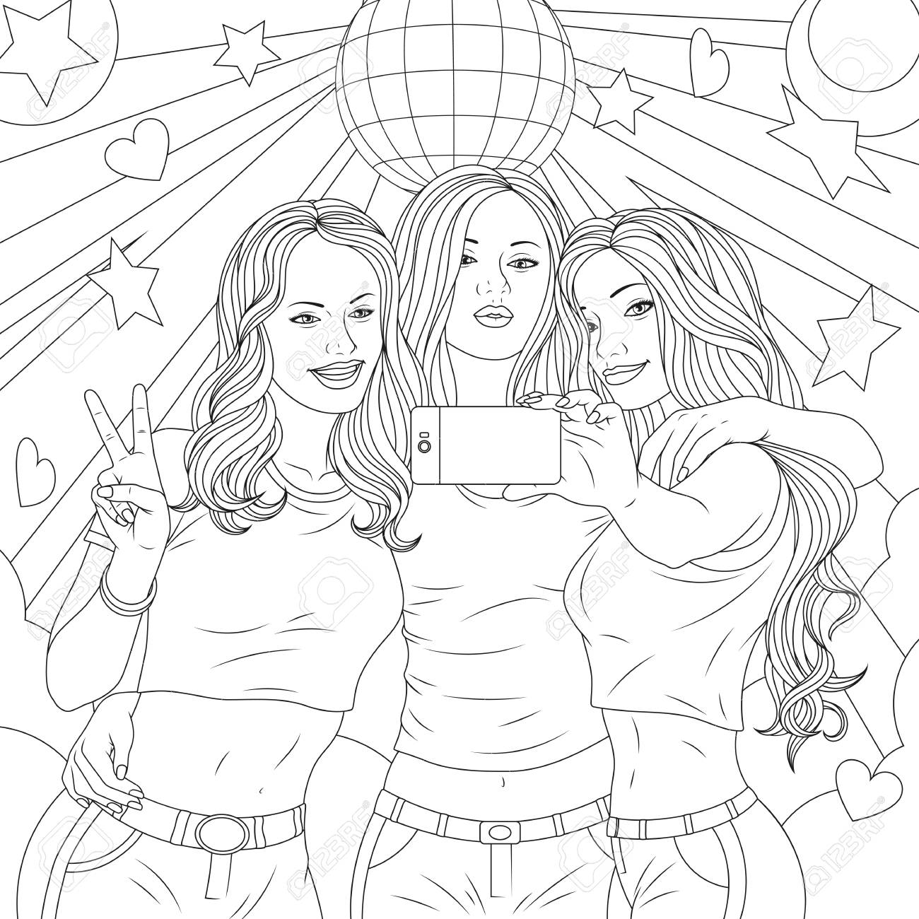 Vector Illustration Three Beautiful Girls Are Photographed On The Phone In A Nightclub Coloring Pages Royalty Free SVG Cliparts Vectors And Stock Illustration Image 105280712 