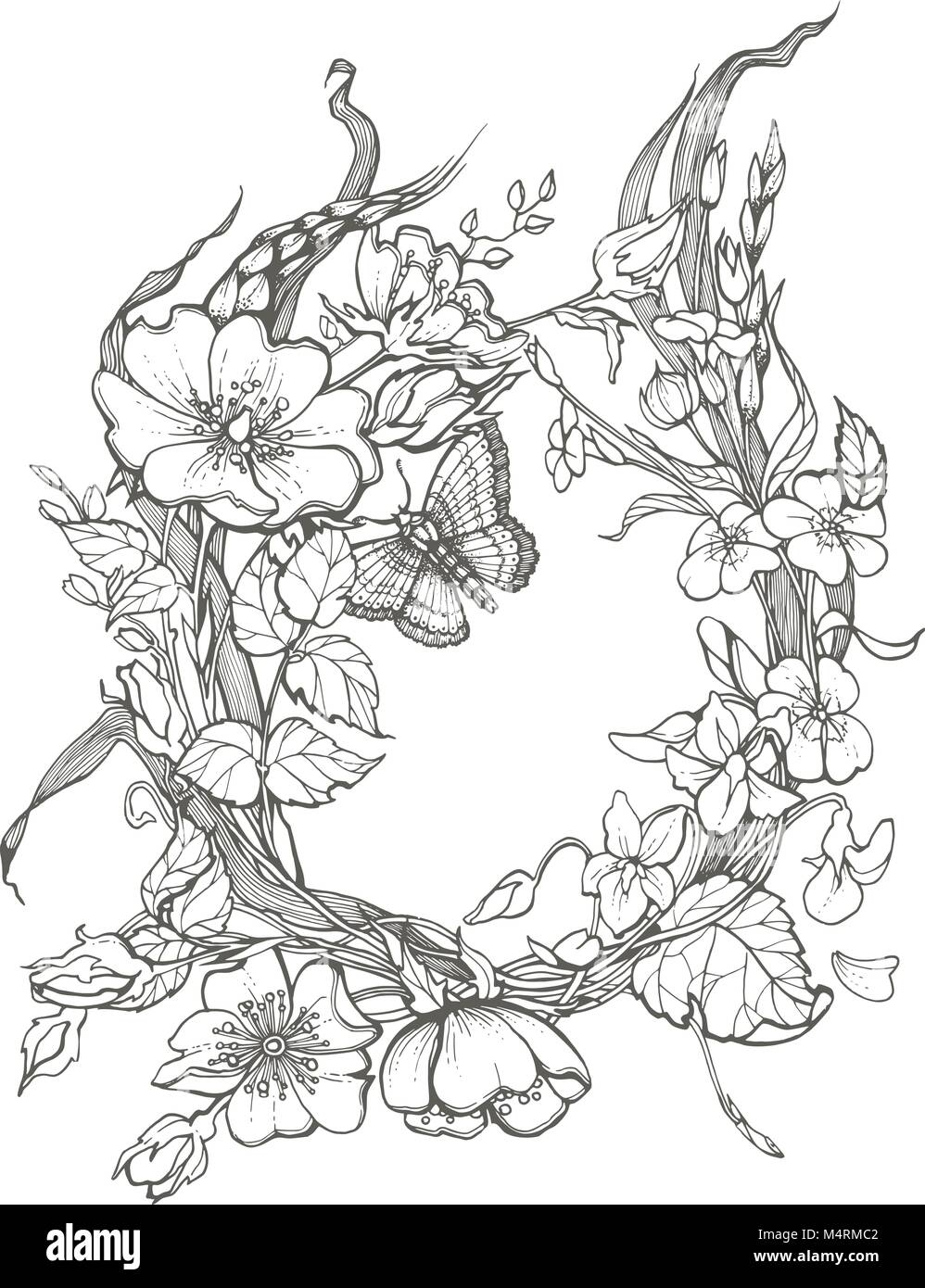 Wild Dog Rose Flowers Frame Contour Ink Adult Coloring Page Drawing Vector Clipart On White Background Stock Vector Image Art Alamy