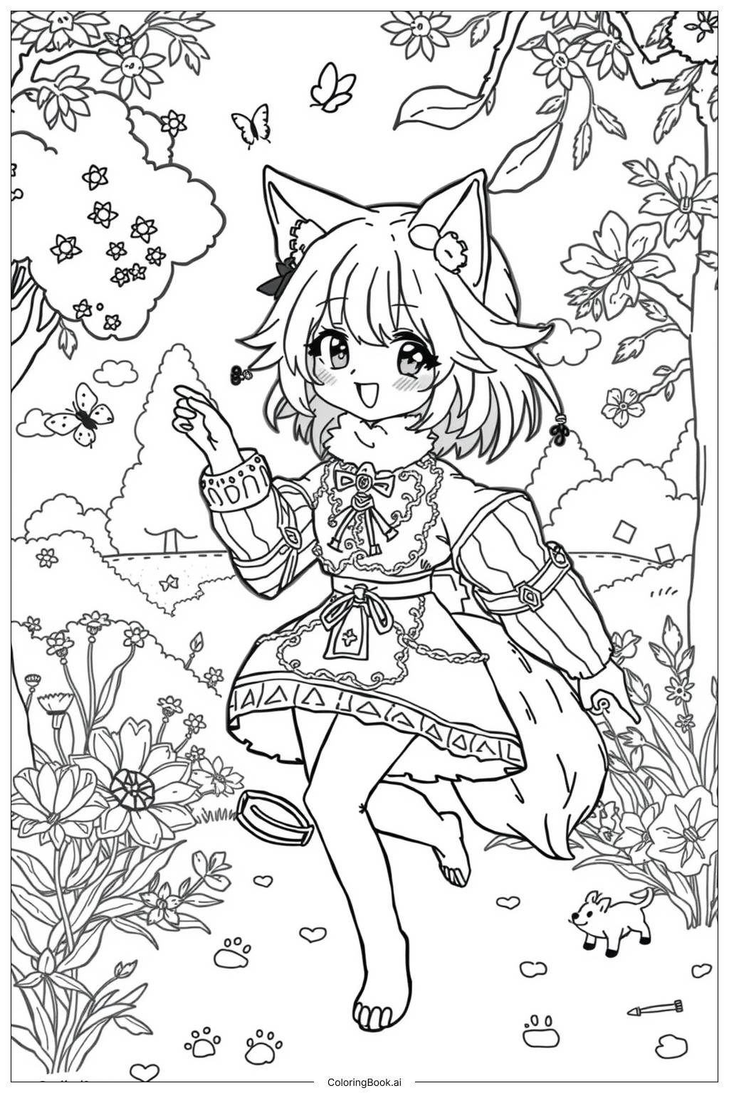 Wolf Anime Girl Coloring Page Free PDF PNG Printable 