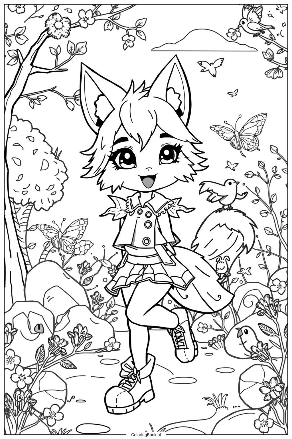 Wolf Anime Girl Coloring Page Free PDF PNG Printable 